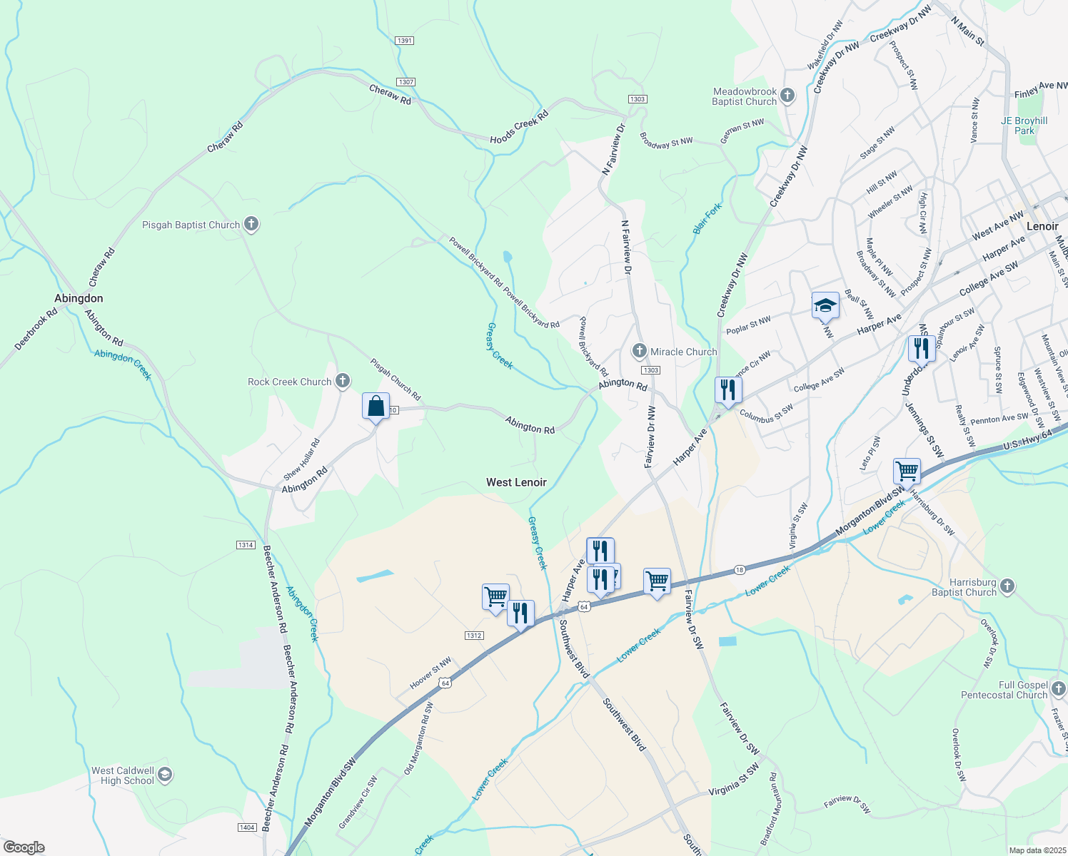 map of restaurants, bars, coffee shops, grocery stores, and more near 314 Abington Road in Lenoir