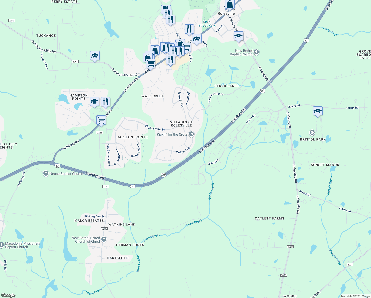 map of restaurants, bars, coffee shops, grocery stores, and more near 606 Redford Place Drive in Rolesville