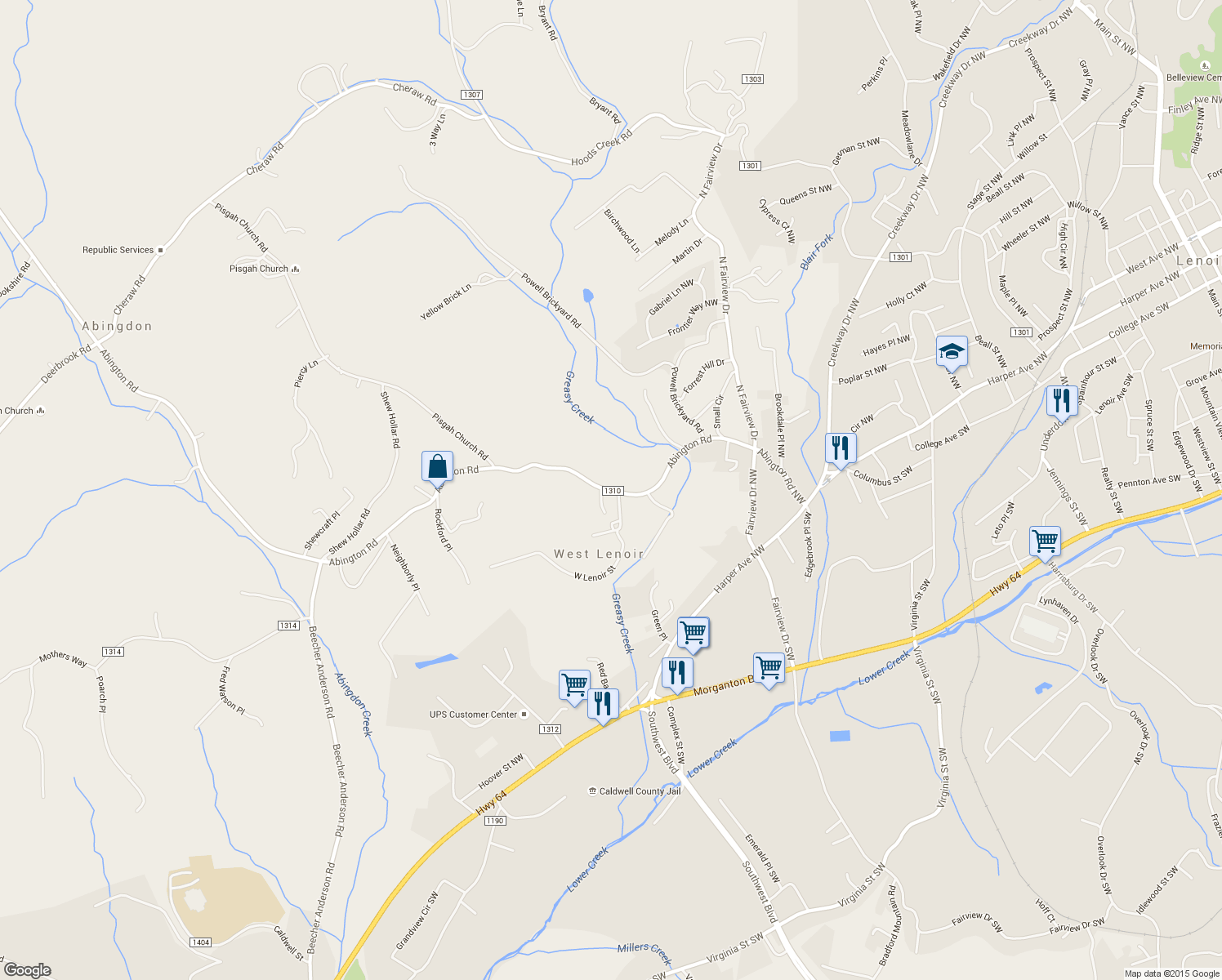 map of restaurants, bars, coffee shops, grocery stores, and more near 336 Abington Rd in Lenoir