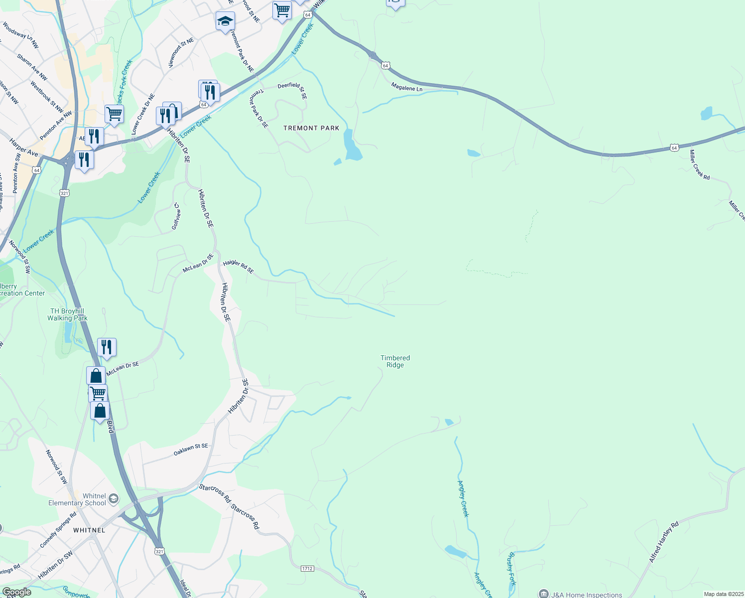 map of restaurants, bars, coffee shops, grocery stores, and more near 156-176 Haigler Rd SE in Lenoir