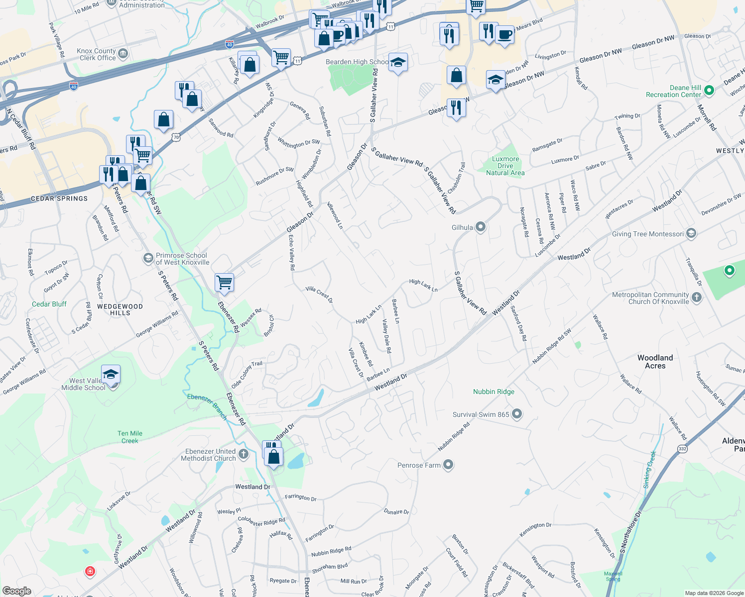 map of restaurants, bars, coffee shops, grocery stores, and more near 8613 High Lark Lane in Knoxville