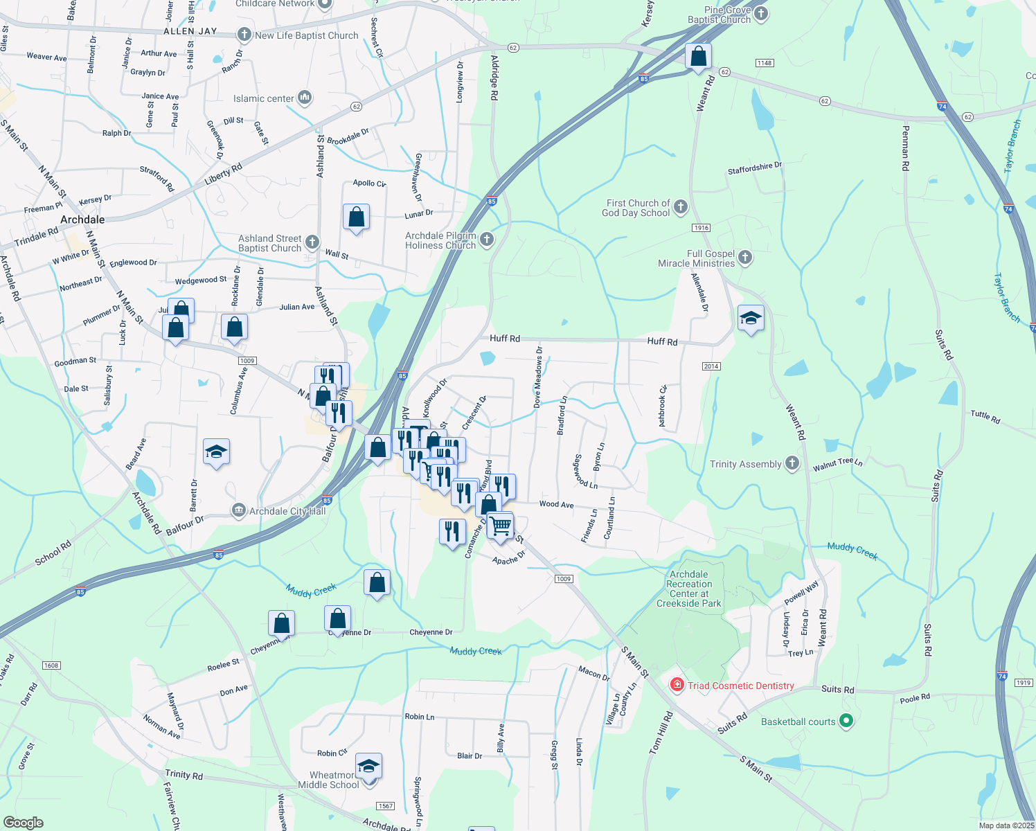 map of restaurants, bars, coffee shops, grocery stores, and more near 318 Tarheel Drive in Archdale