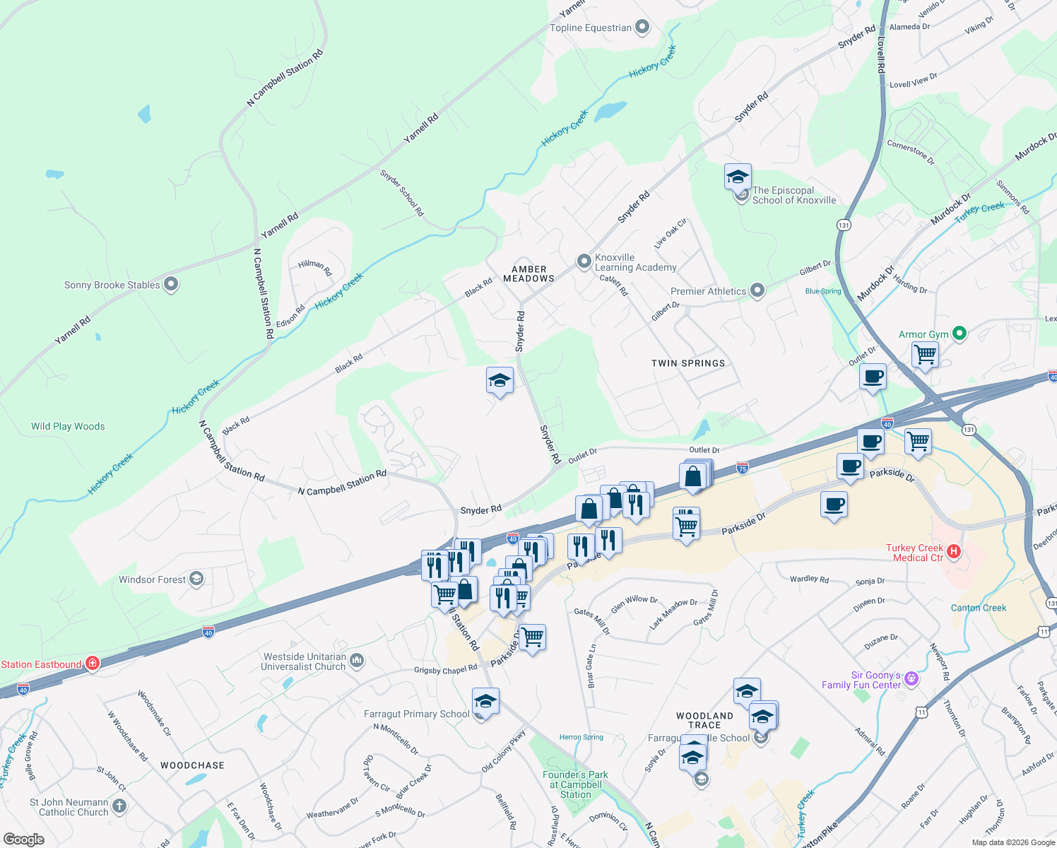 map of restaurants, bars, coffee shops, grocery stores, and more near 11621 Snyder Rd in Knoxville