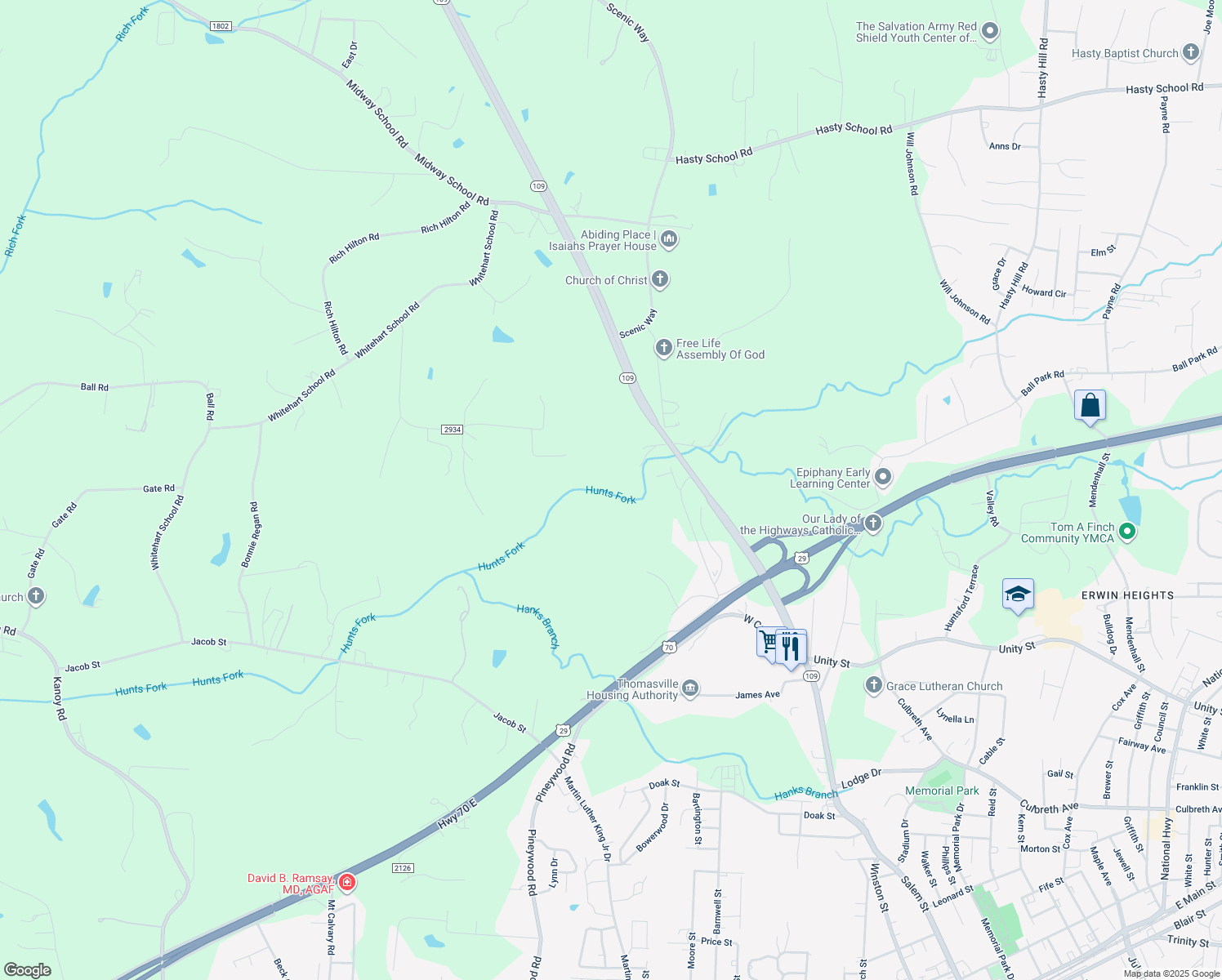 map of restaurants, bars, coffee shops, grocery stores, and more near North Carolina 109 in Thomasville