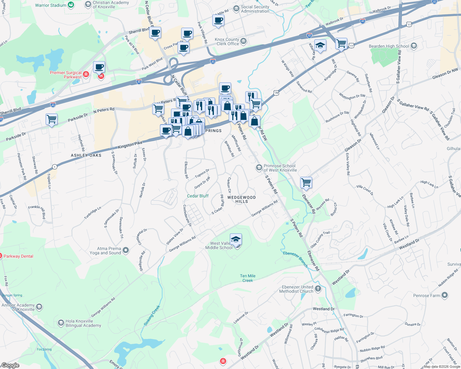 map of restaurants, bars, coffee shops, grocery stores, and more near 9116 Carlton Cir in Knoxville