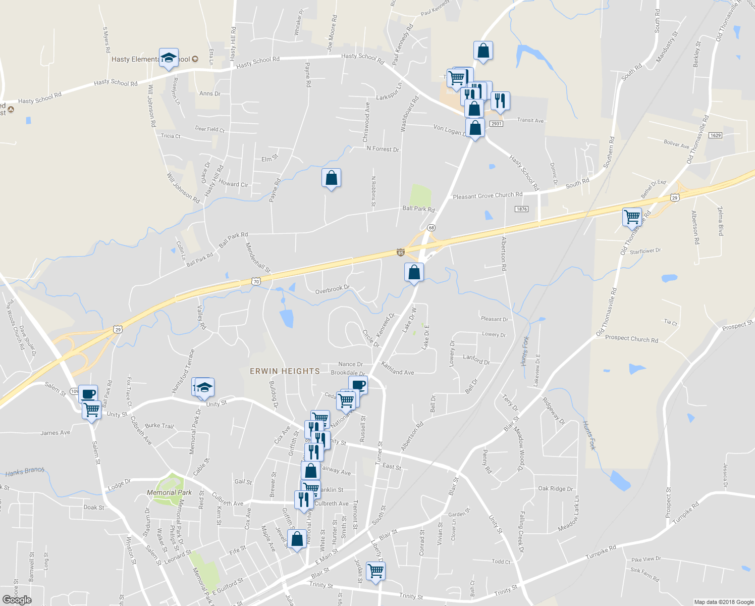 map of restaurants, bars, coffee shops, grocery stores, and more near 914 Overbrook Drive in Thomasville