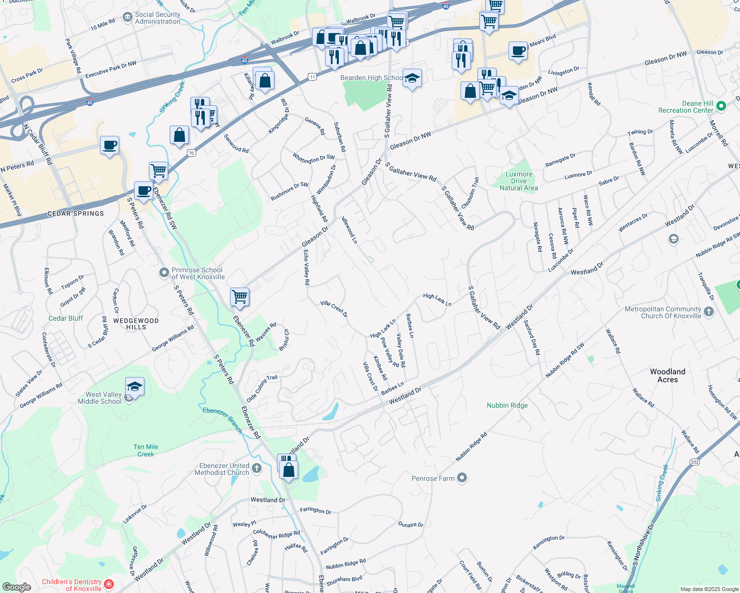 map of restaurants, bars, coffee shops, grocery stores, and more near 701 Mountain Pass Lane in Knoxville