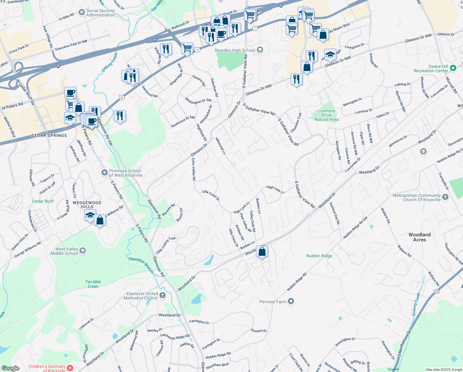 map of restaurants, bars, coffee shops, grocery stores, and more near 701 Mountain Pass Lane in Knoxville