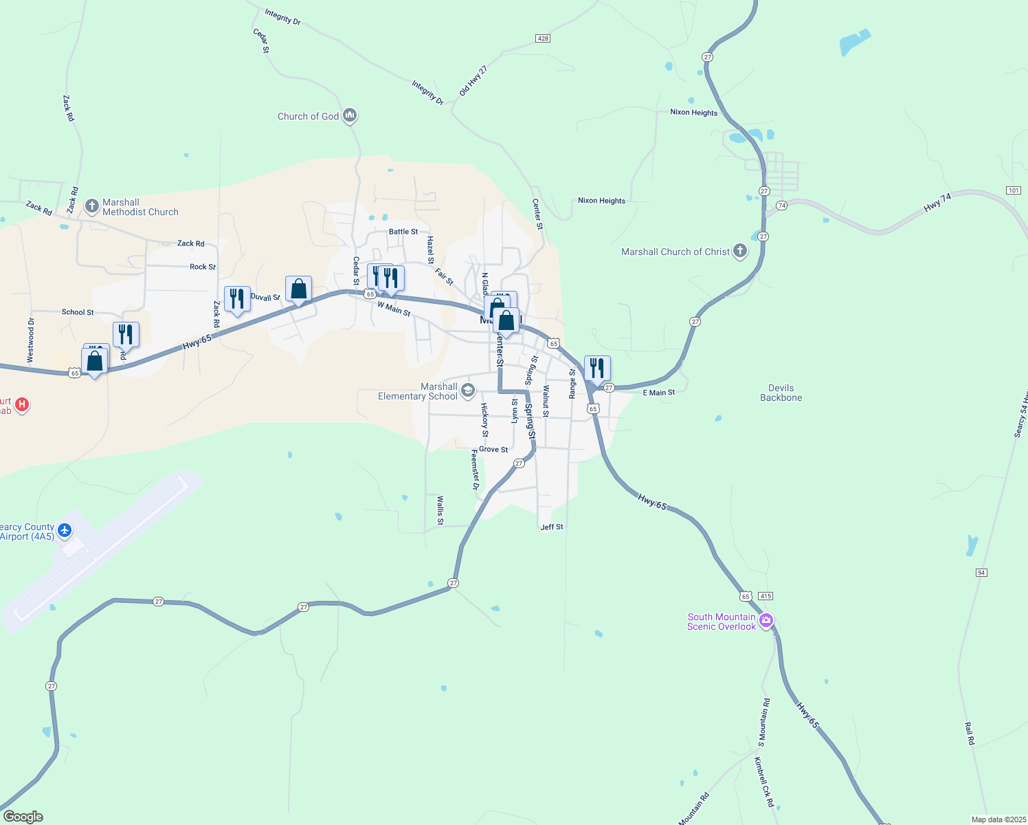 map of restaurants, bars, coffee shops, grocery stores, and more near 202 Lynn Street in Marshall