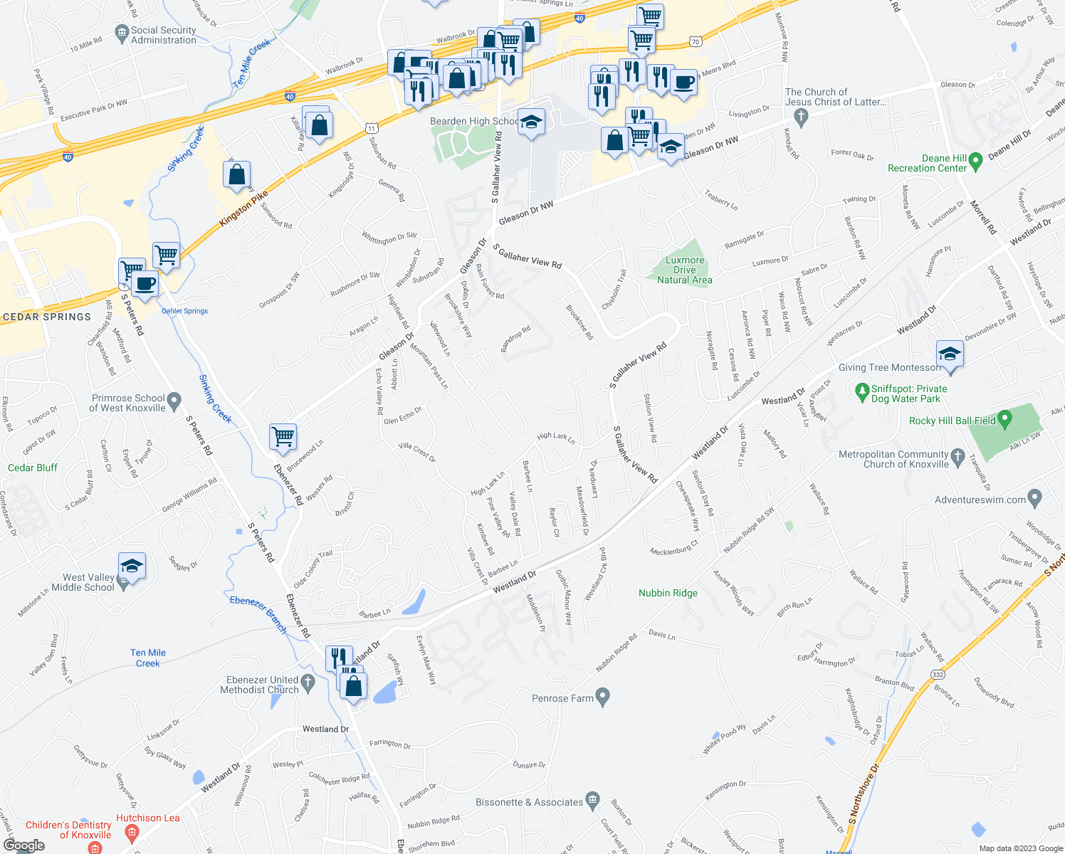 map of restaurants, bars, coffee shops, grocery stores, and more near 704 Shadywood Lane in Knoxville