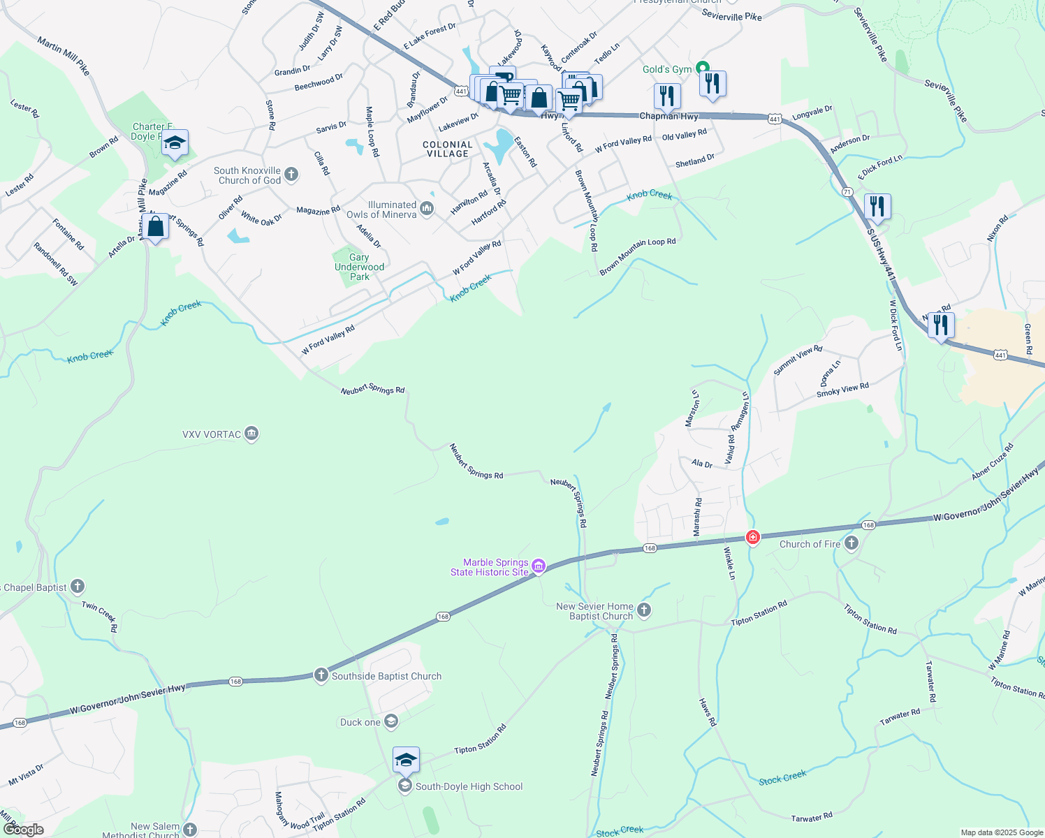 map of restaurants, bars, coffee shops, grocery stores, and more near 6906 Neubert Springs Road in Knoxville