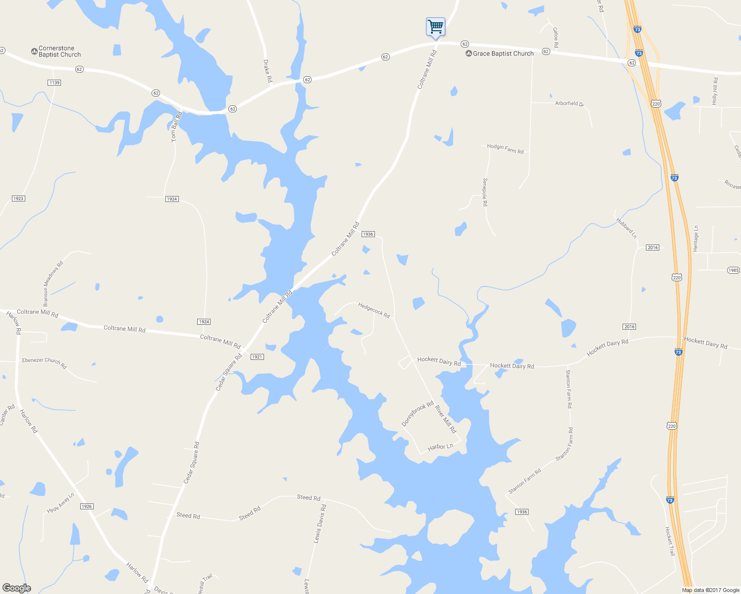 map of restaurants, bars, coffee shops, grocery stores, and more near 1280 Hedgecock Road in Randleman