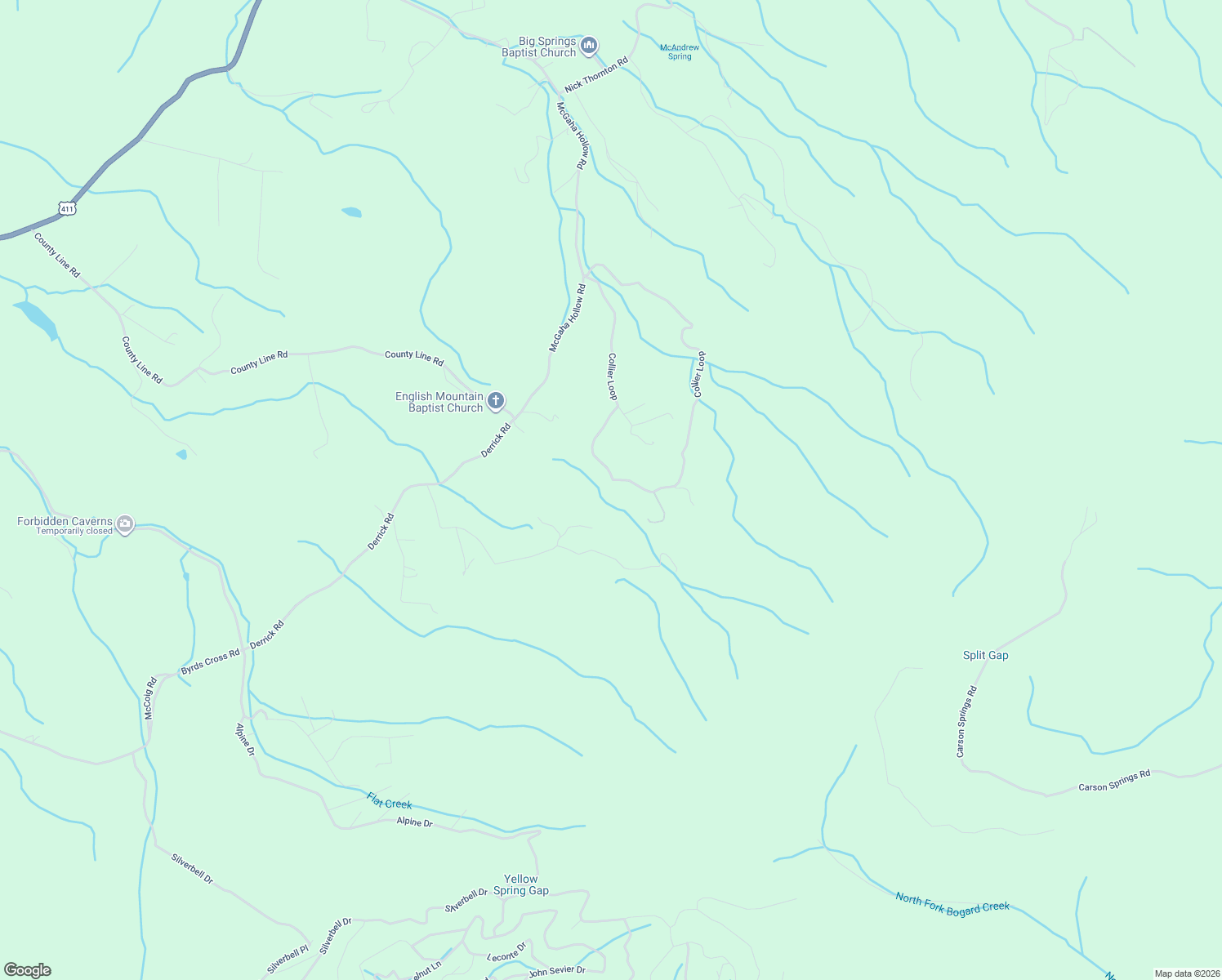 map of restaurants, bars, coffee shops, grocery stores, and more near 3696 Collier Loop in Dandridge