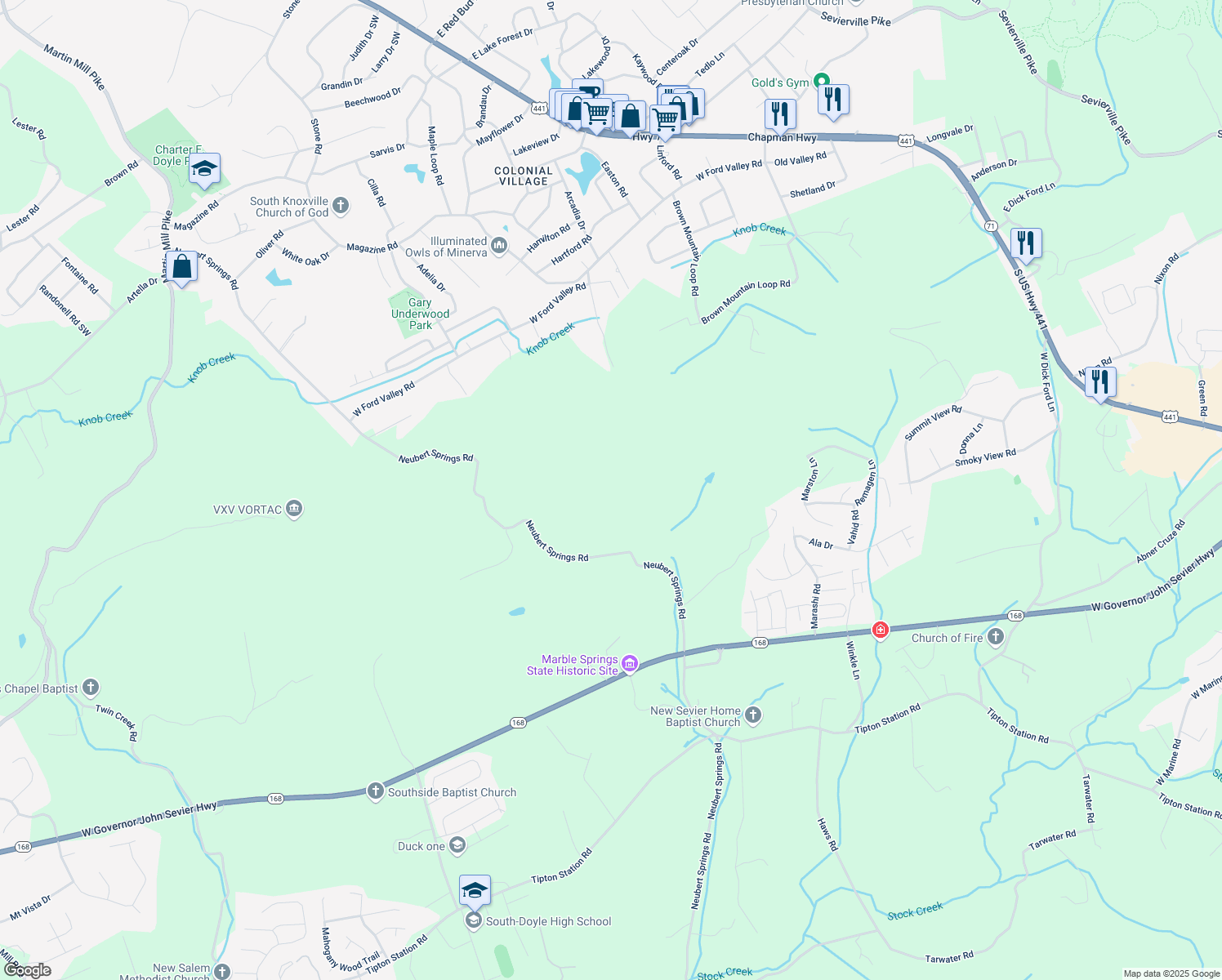 map of restaurants, bars, coffee shops, grocery stores, and more near 6906 Neubert Springs Road in Knoxville