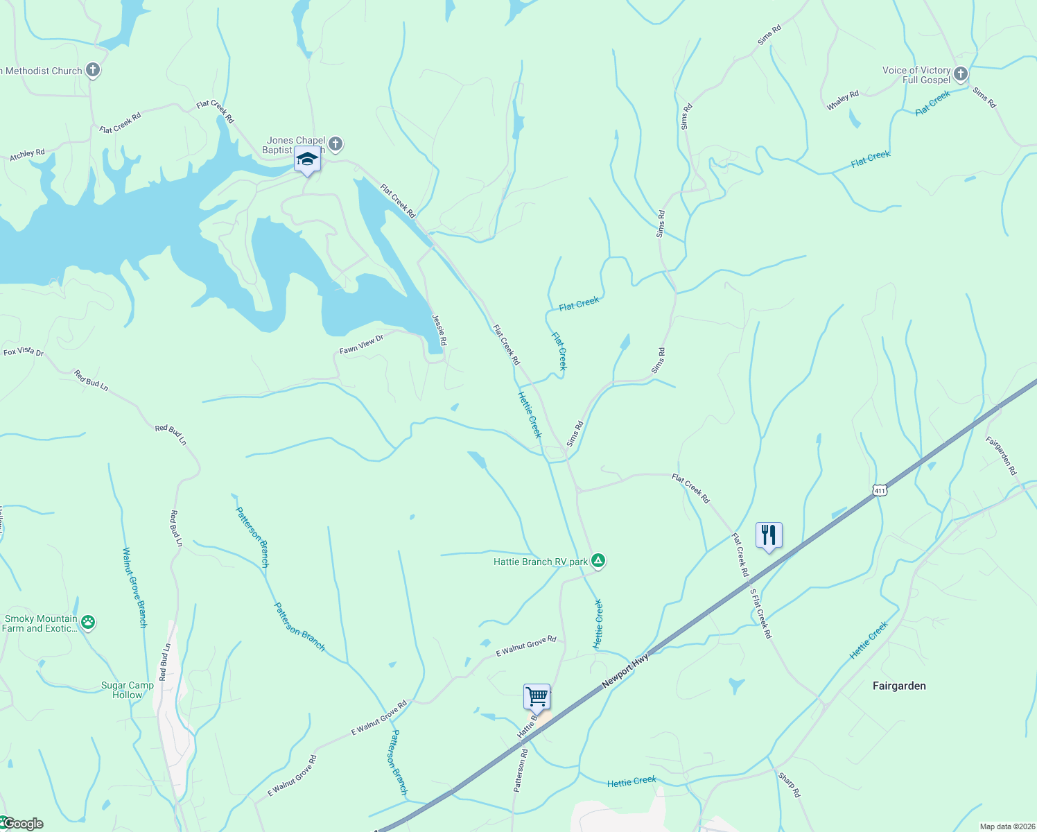 map of restaurants, bars, coffee shops, grocery stores, and more near 446 Flat Creek Road in Pigeon Forge