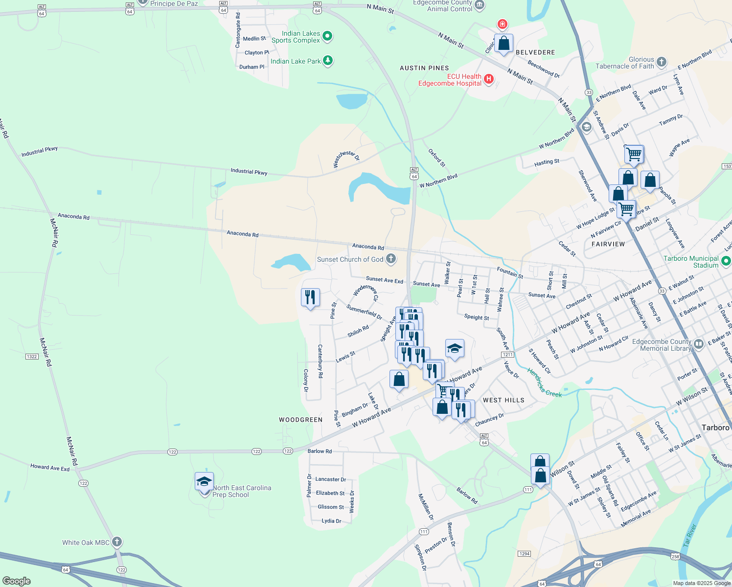 map of restaurants, bars, coffee shops, grocery stores, and more near 300 Windermere Circle in Tarboro