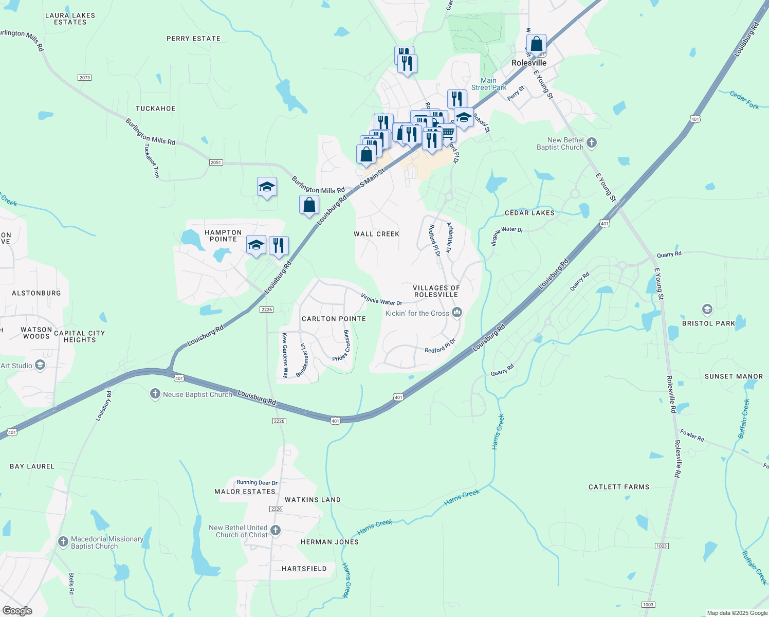 map of restaurants, bars, coffee shops, grocery stores, and more near 302 Virginia Water Drive in Rolesville