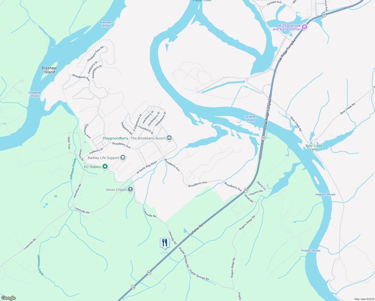 map of restaurants, bars, coffee shops, grocery stores, and more near 106 Shadberry Street in Oak Ridge