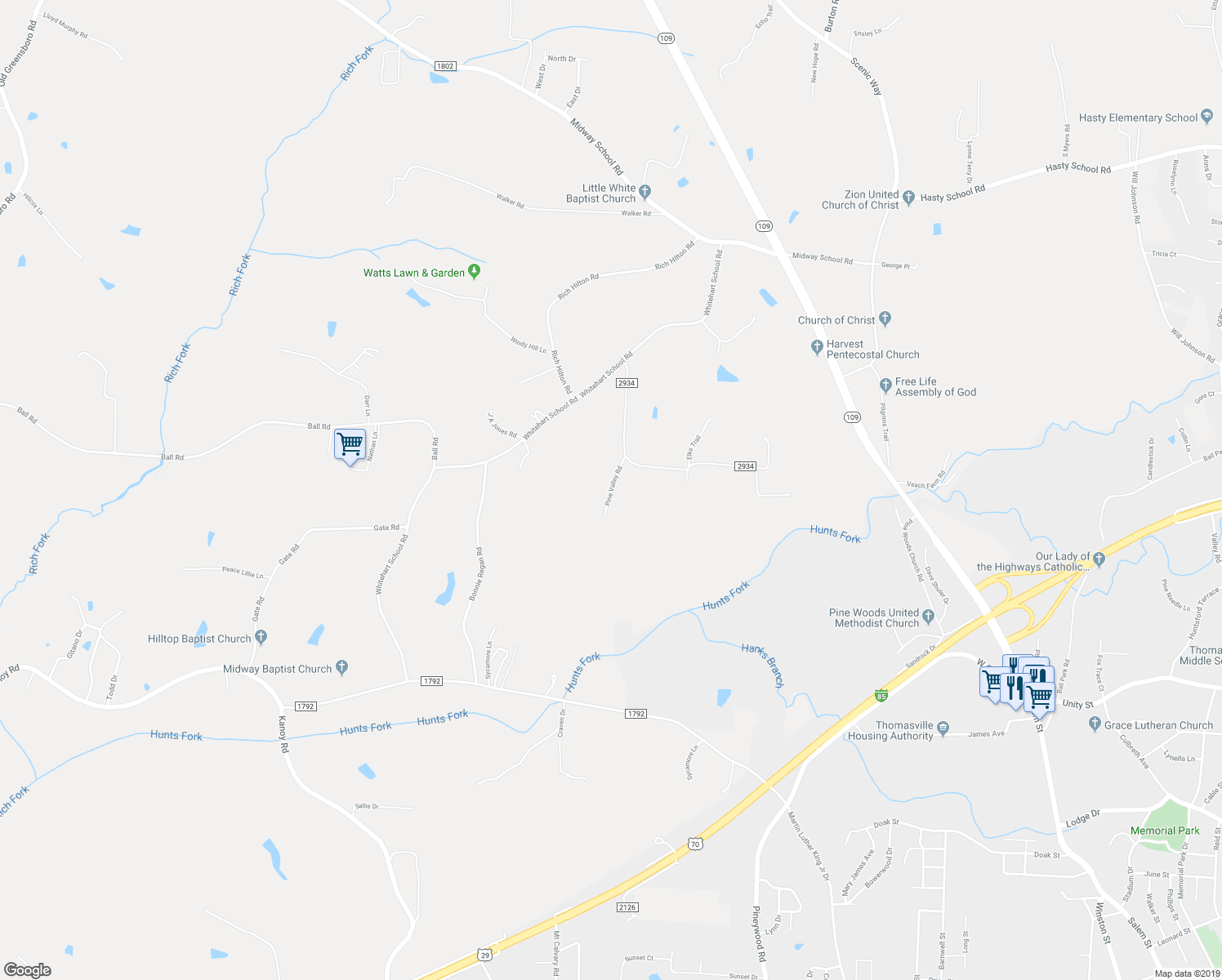 map of restaurants, bars, coffee shops, grocery stores, and more near 178 Pine Valley Road in Thomasville