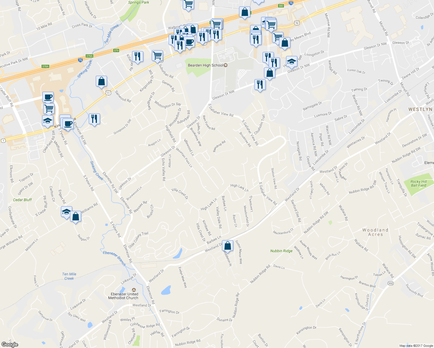 map of restaurants, bars, coffee shops, grocery stores, and more near 633 Shadywood Lane in Knoxville