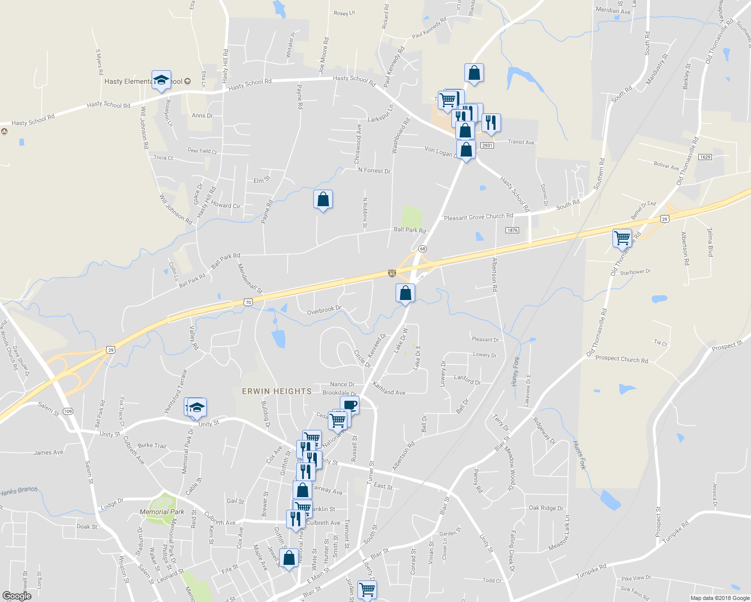 map of restaurants, bars, coffee shops, grocery stores, and more near 926 Overbrook Drive in Thomasville