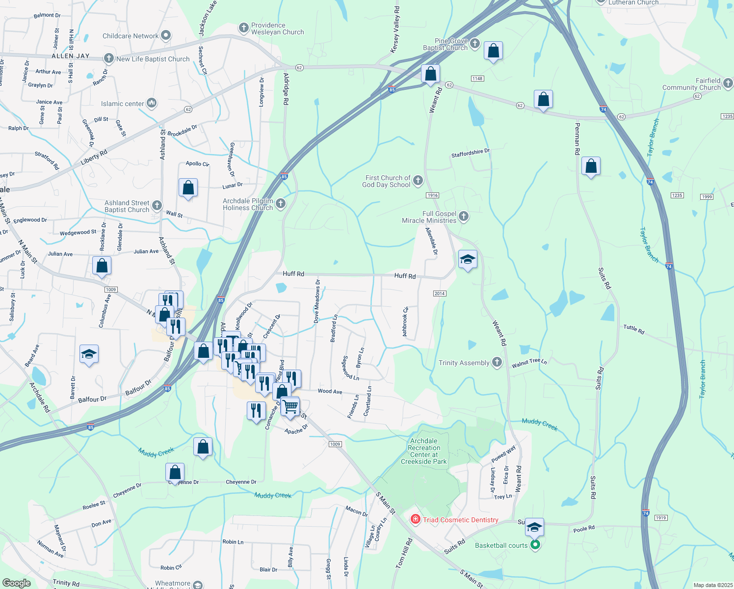 map of restaurants, bars, coffee shops, grocery stores, and more near 228 Aldridge Lane in Archdale