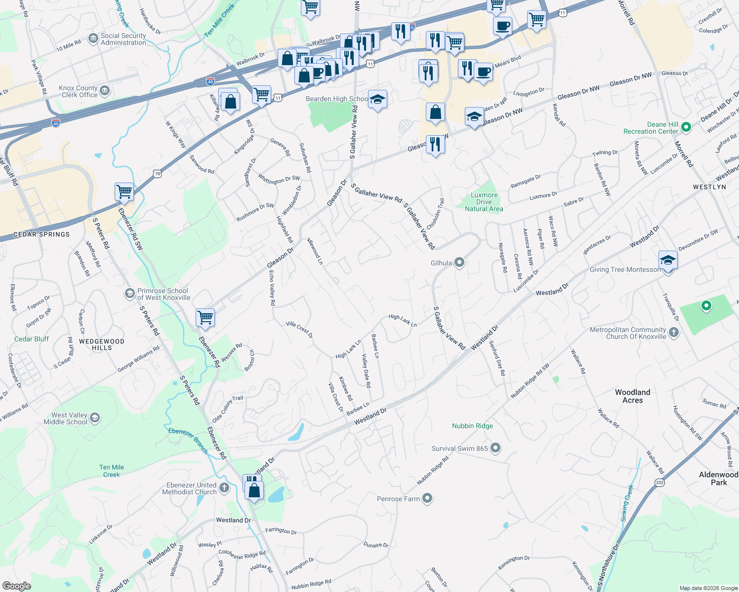 map of restaurants, bars, coffee shops, grocery stores, and more near 8216 Pimbrook Lane in Knoxville