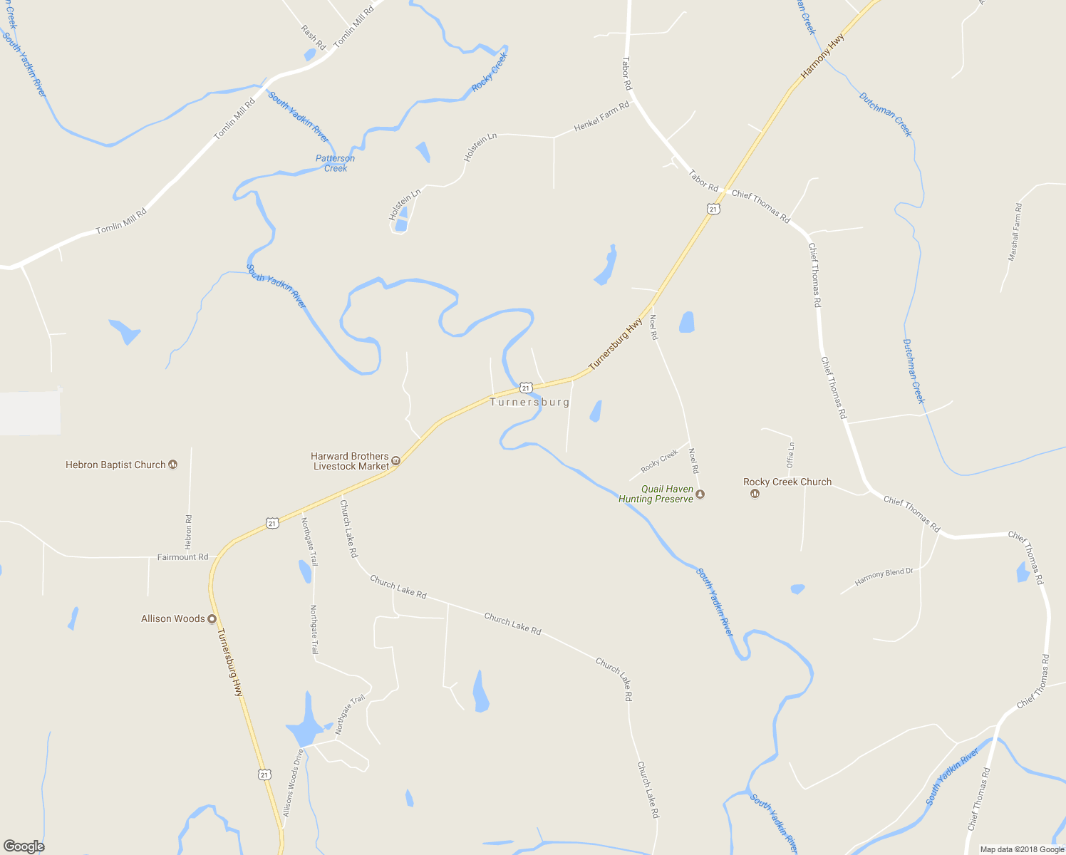 map of restaurants, bars, coffee shops, grocery stores, and more near 2342 Turnersburg Highway in Harmony