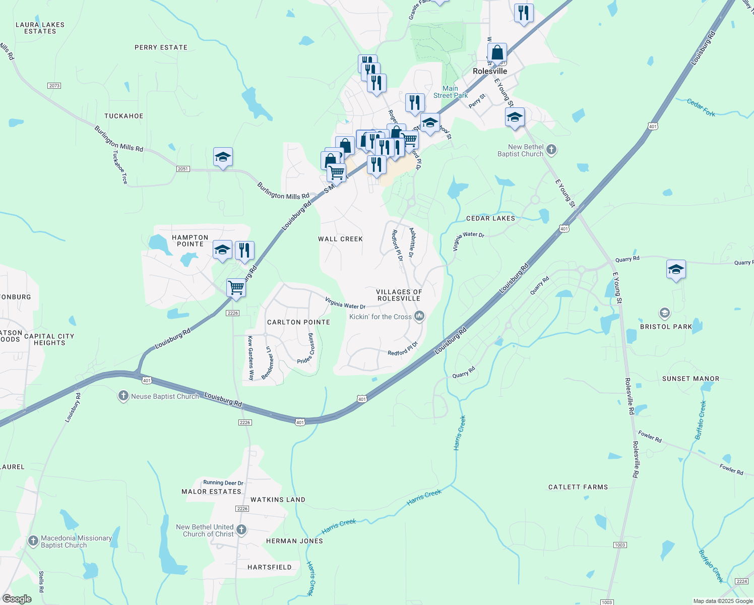 map of restaurants, bars, coffee shops, grocery stores, and more near 423 Virginia Water Drive in Rolesville