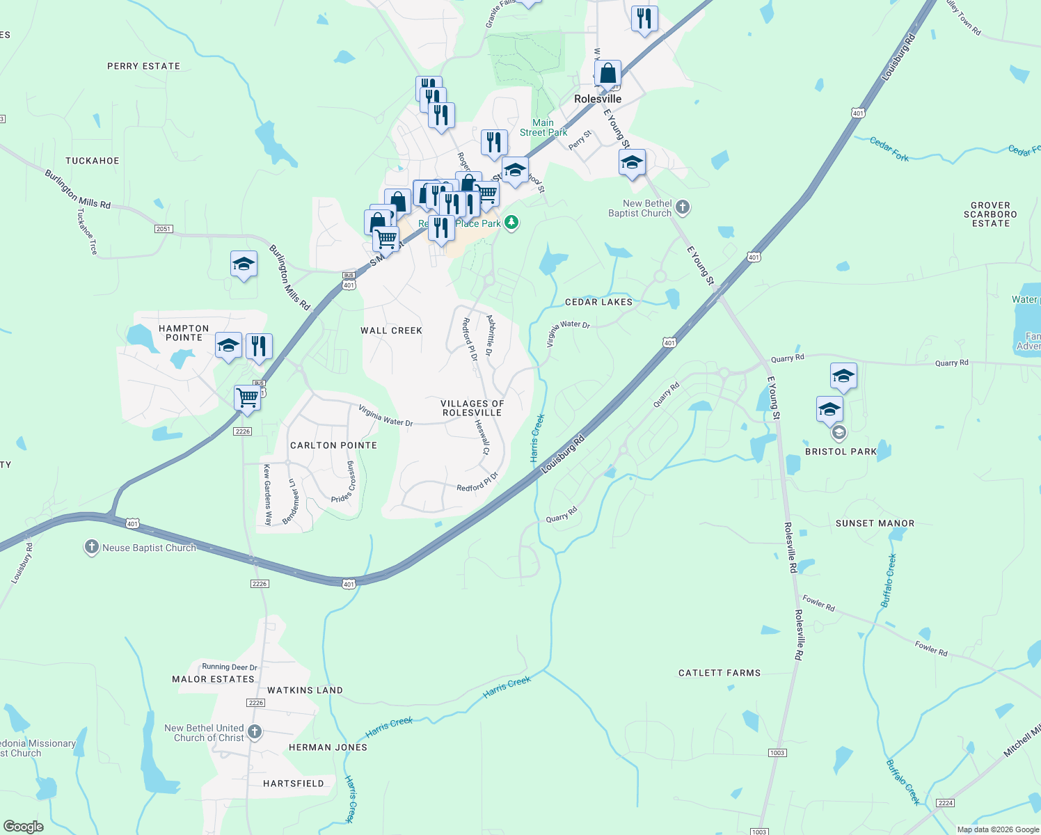 map of restaurants, bars, coffee shops, grocery stores, and more near 540 Ashgreen Court in Rolesville