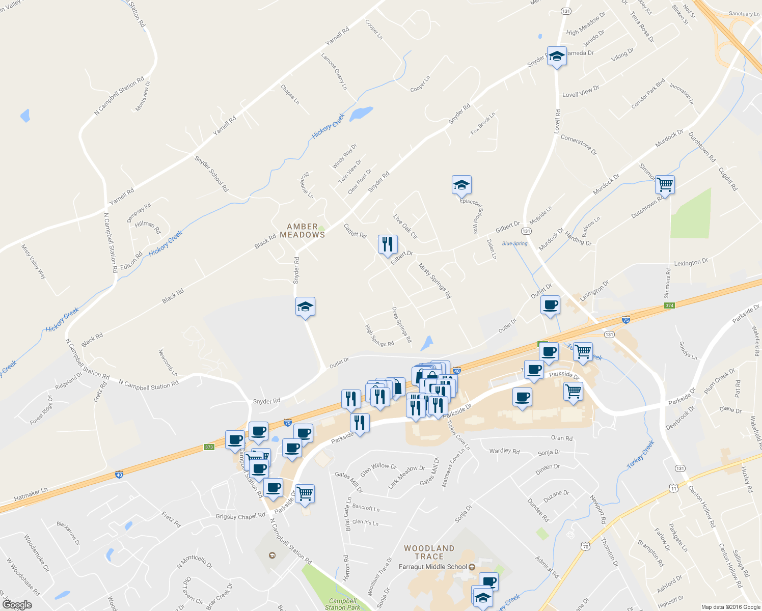 map of restaurants, bars, coffee shops, grocery stores, and more near 11420 Hickory Springs Drive in Knoxville