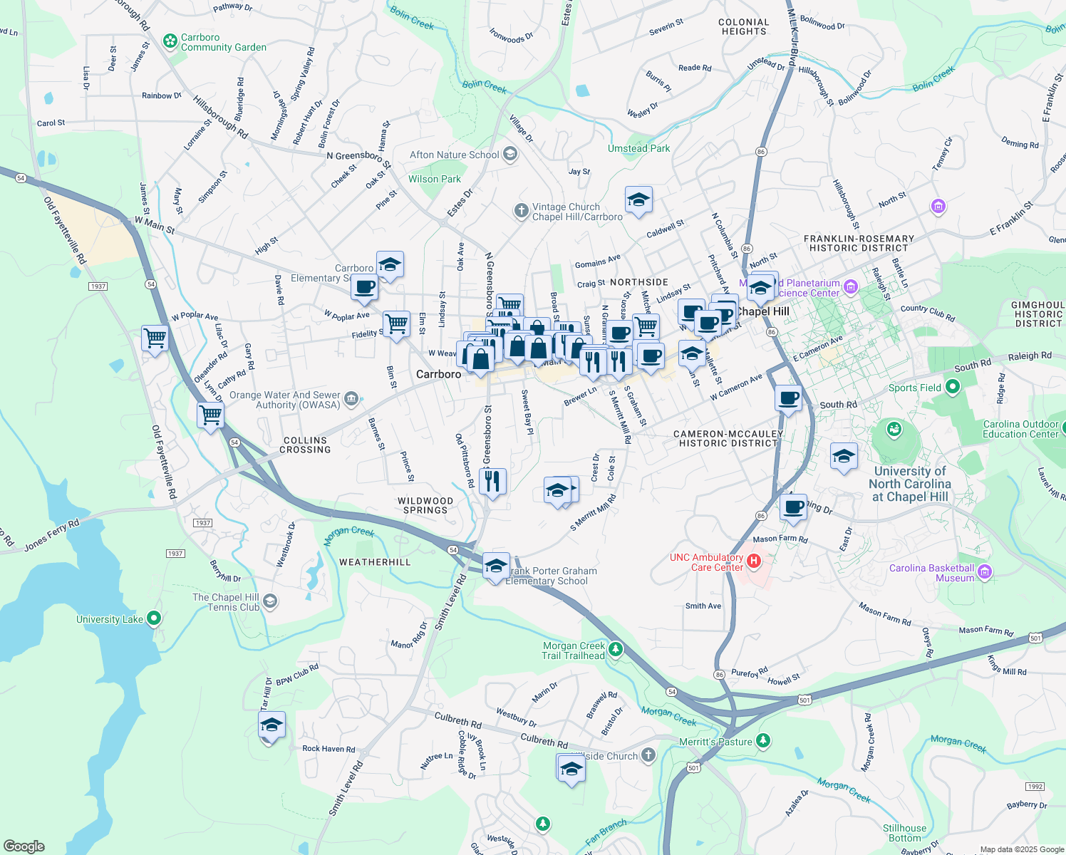 map of restaurants, bars, coffee shops, grocery stores, and more near 269 Sweet Bay Place in Carrboro
