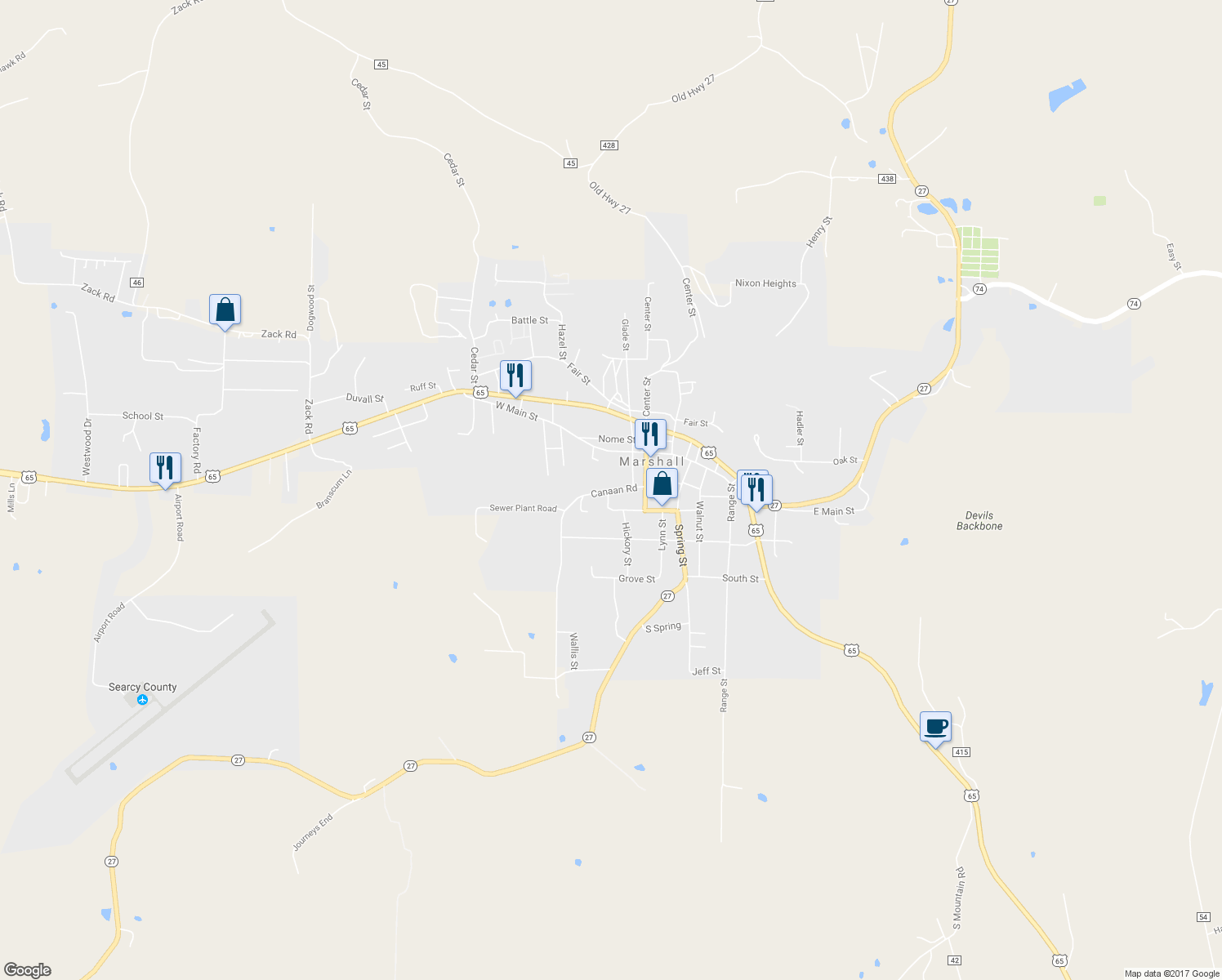 map of restaurants, bars, coffee shops, grocery stores, and more near 400 Canaan Road in Marshall