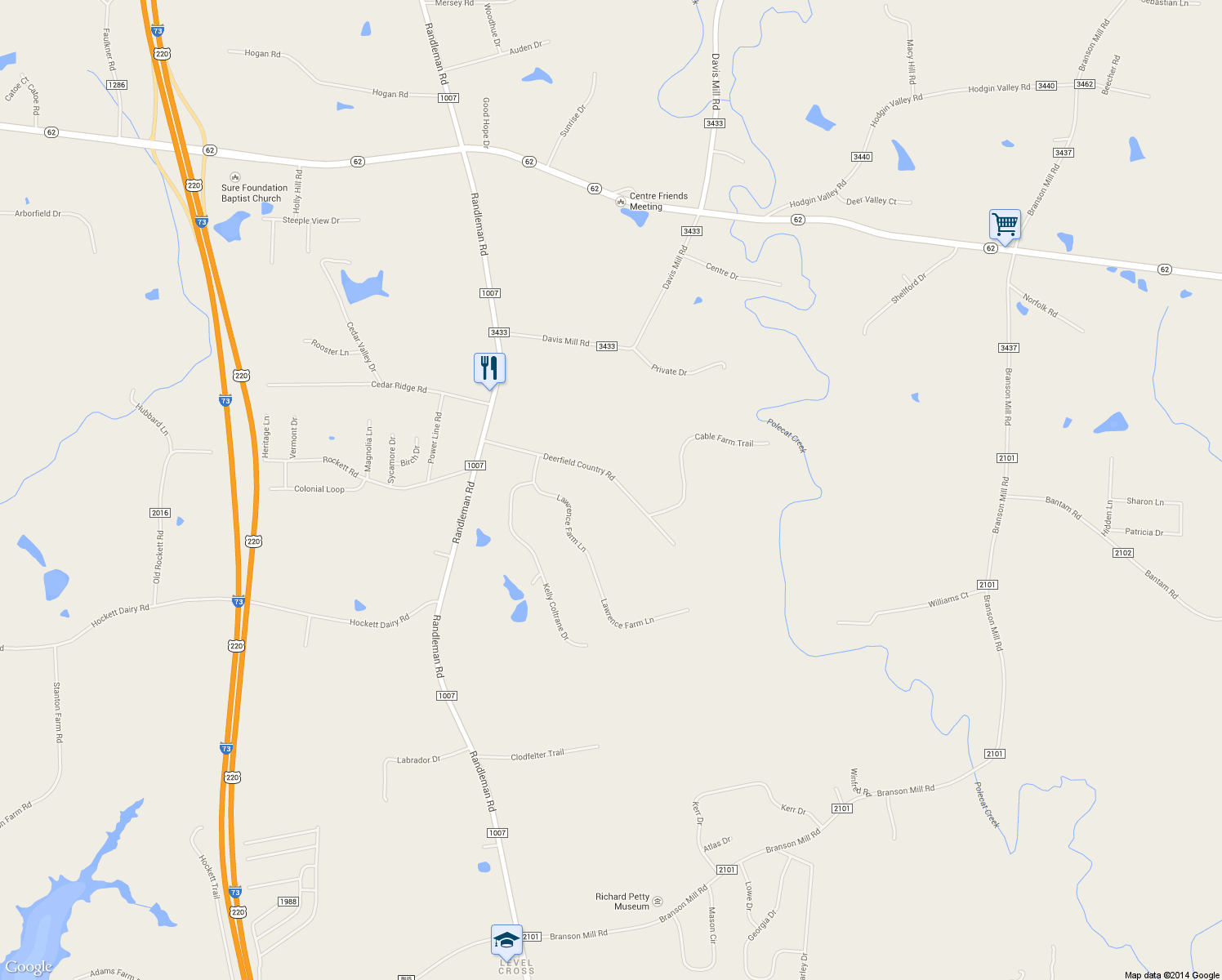 map of restaurants, bars, coffee shops, grocery stores, and more near 324 Deerfield Country Road in Randleman