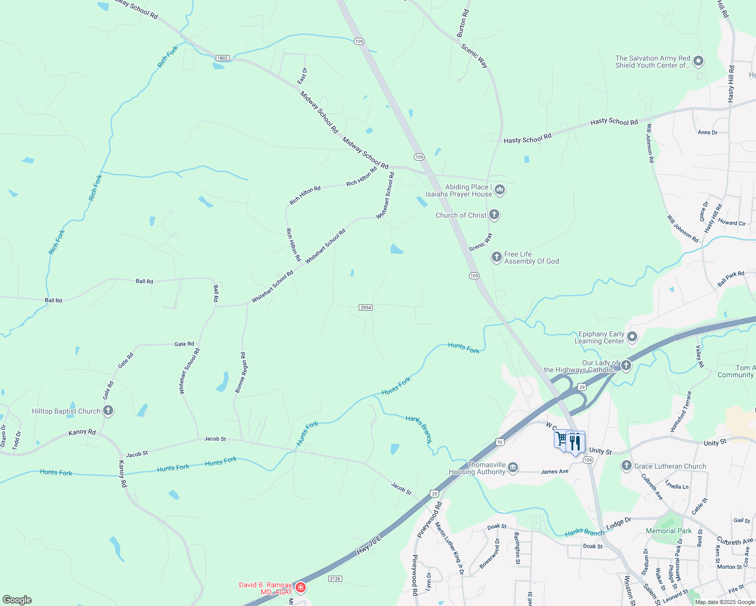 map of restaurants, bars, coffee shops, grocery stores, and more near 595 Bowers Road in Thomasville