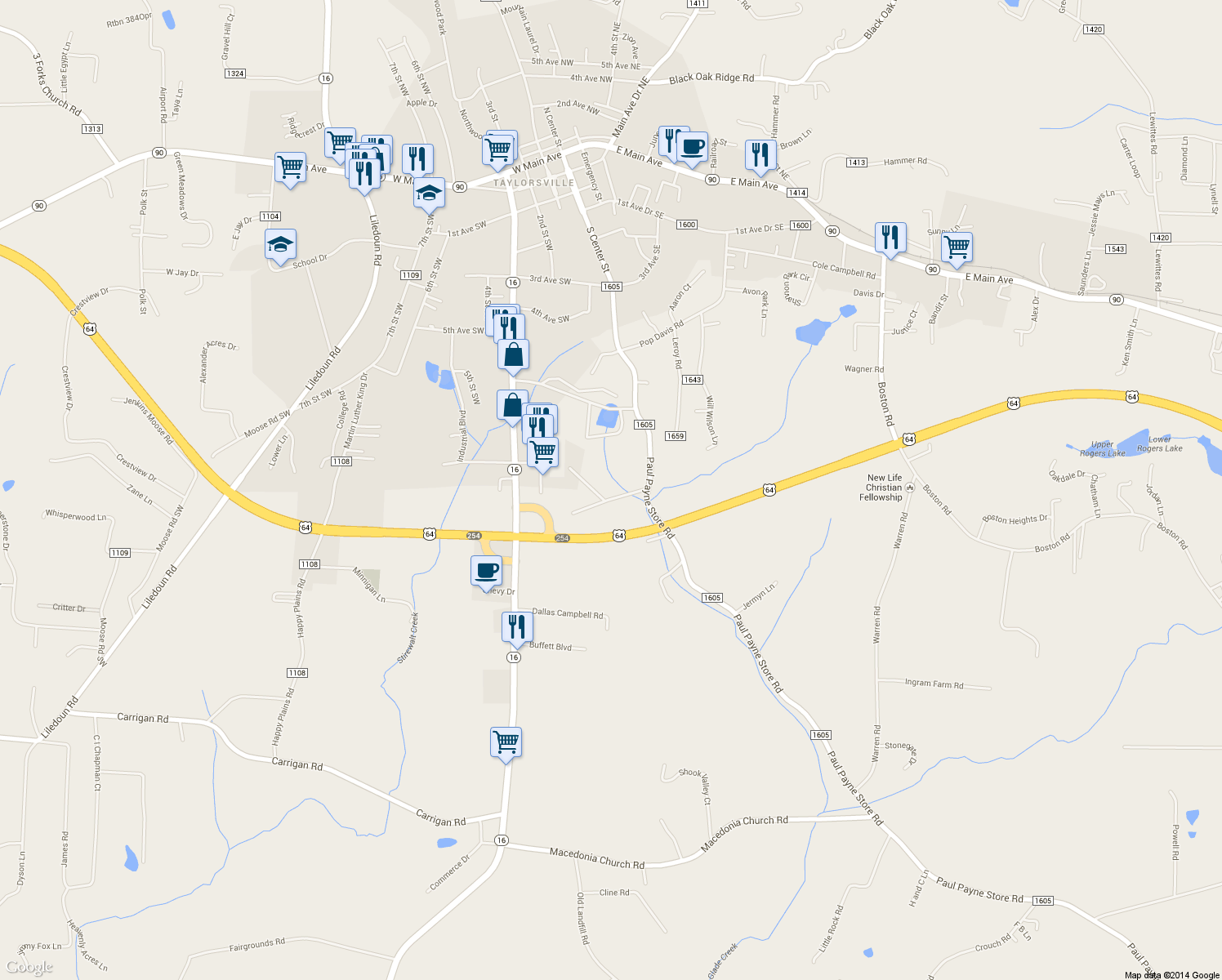 map of restaurants, bars, coffee shops, grocery stores, and more near 1168 Paul Payne Store Road in Taylorsville