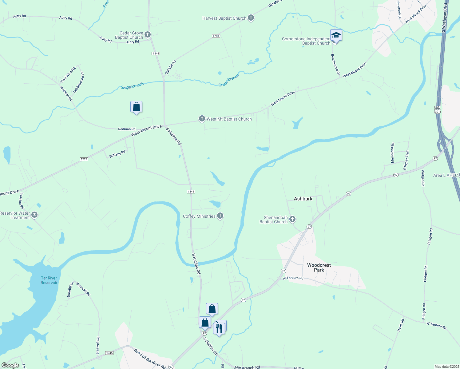 map of restaurants, bars, coffee shops, grocery stores, and more near 4367 South Halifax Road in Rocky Mount