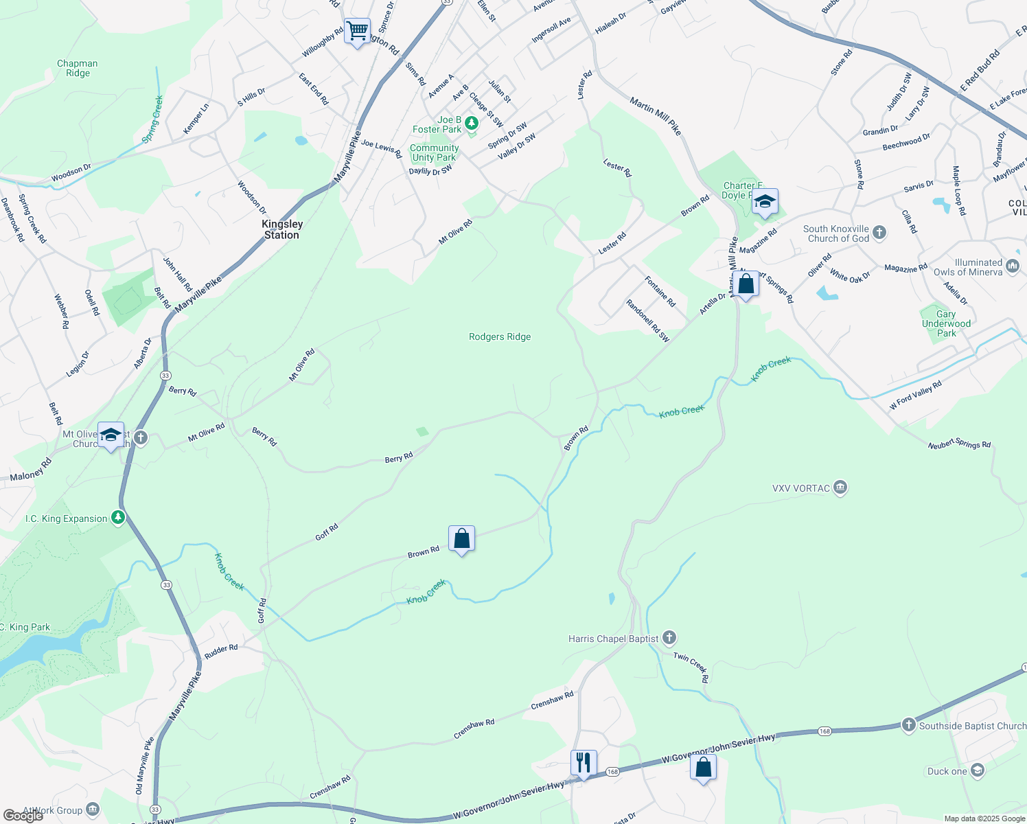 map of restaurants, bars, coffee shops, grocery stores, and more near 1308 Berry Road in Knoxville