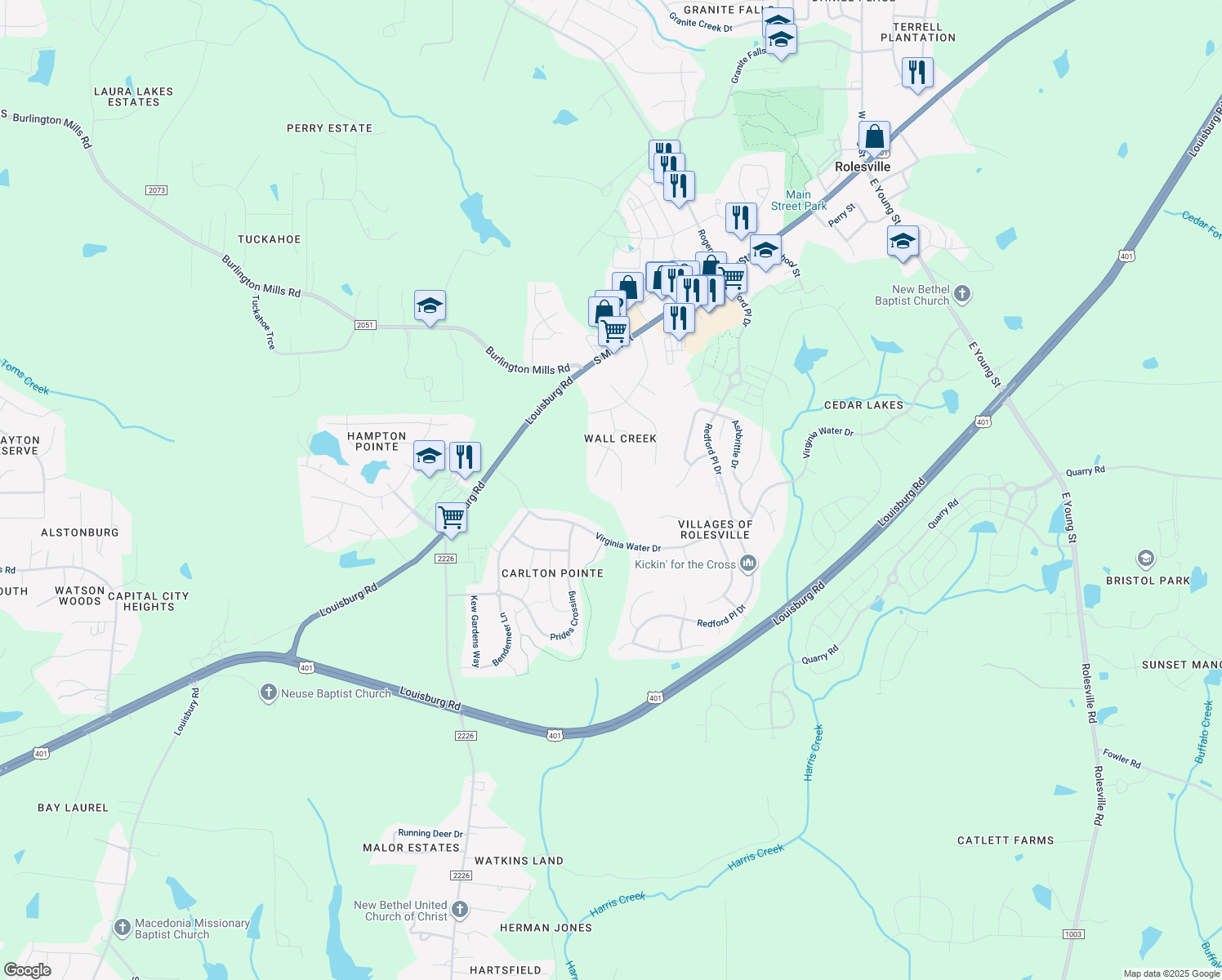 map of restaurants, bars, coffee shops, grocery stores, and more near 622 Cresstar Drive in Rolesville