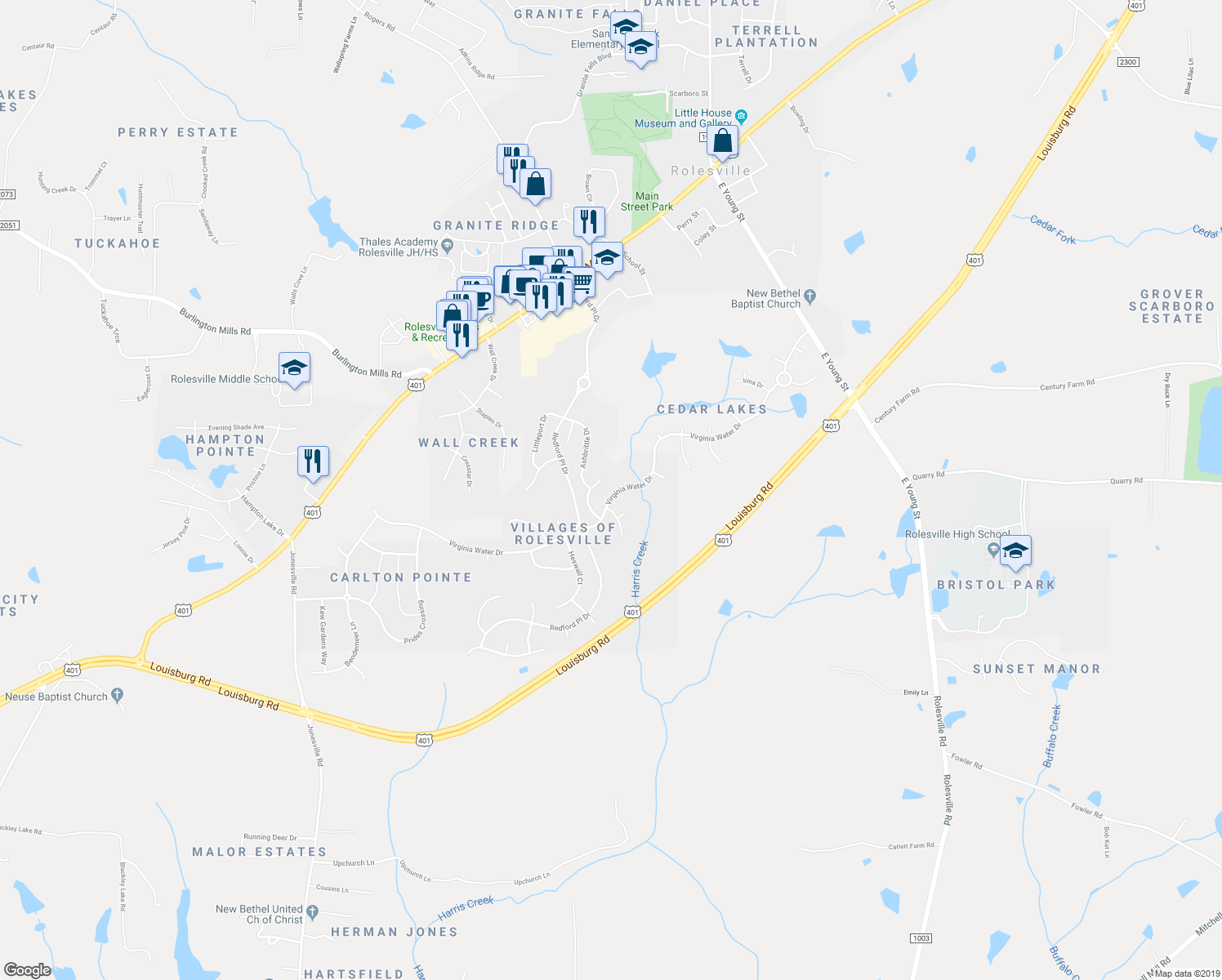 map of restaurants, bars, coffee shops, grocery stores, and more near 623 Virginia Water Drive in Rolesville
