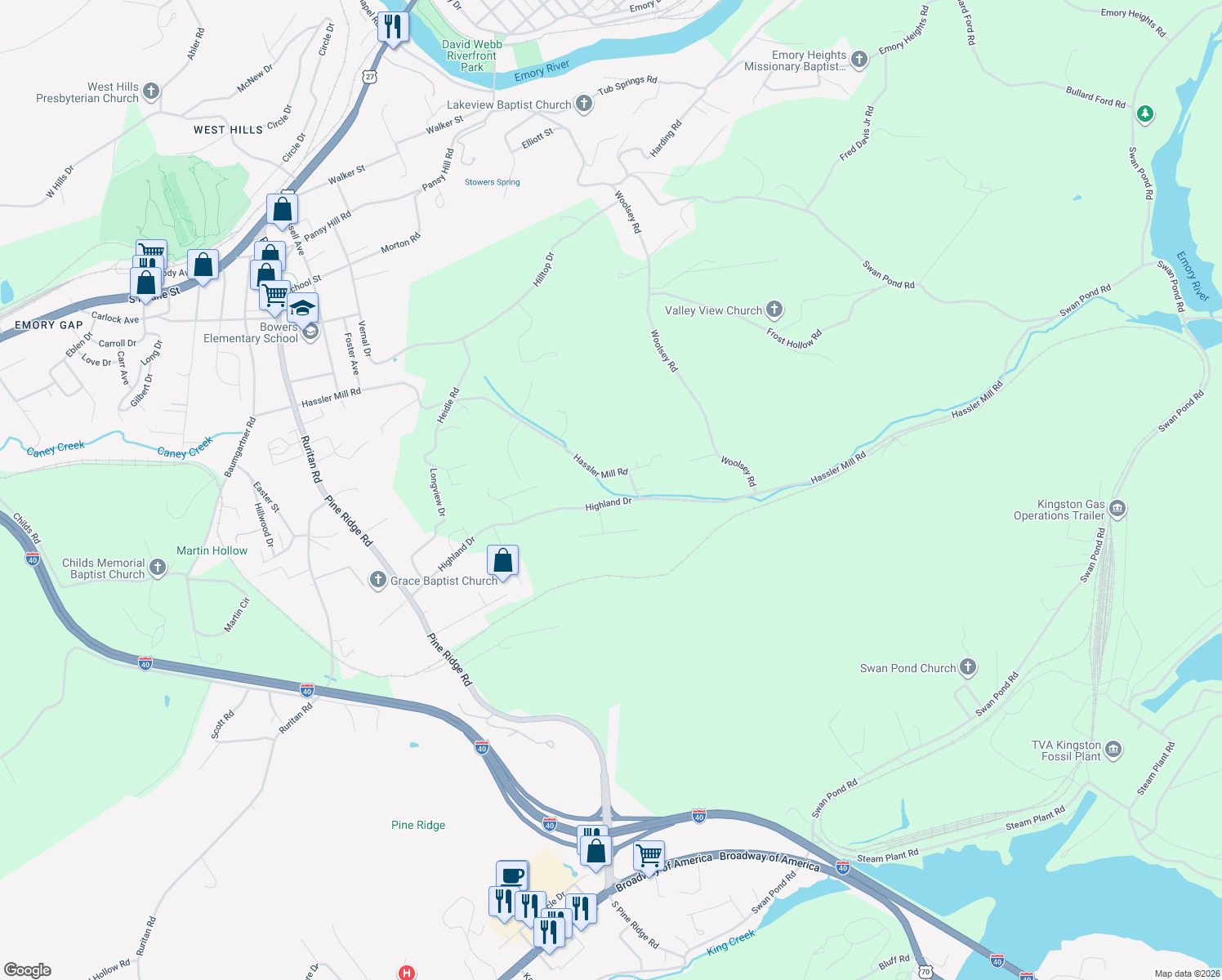 map of restaurants, bars, coffee shops, grocery stores, and more near 714 Hassler Mill Road in Harriman