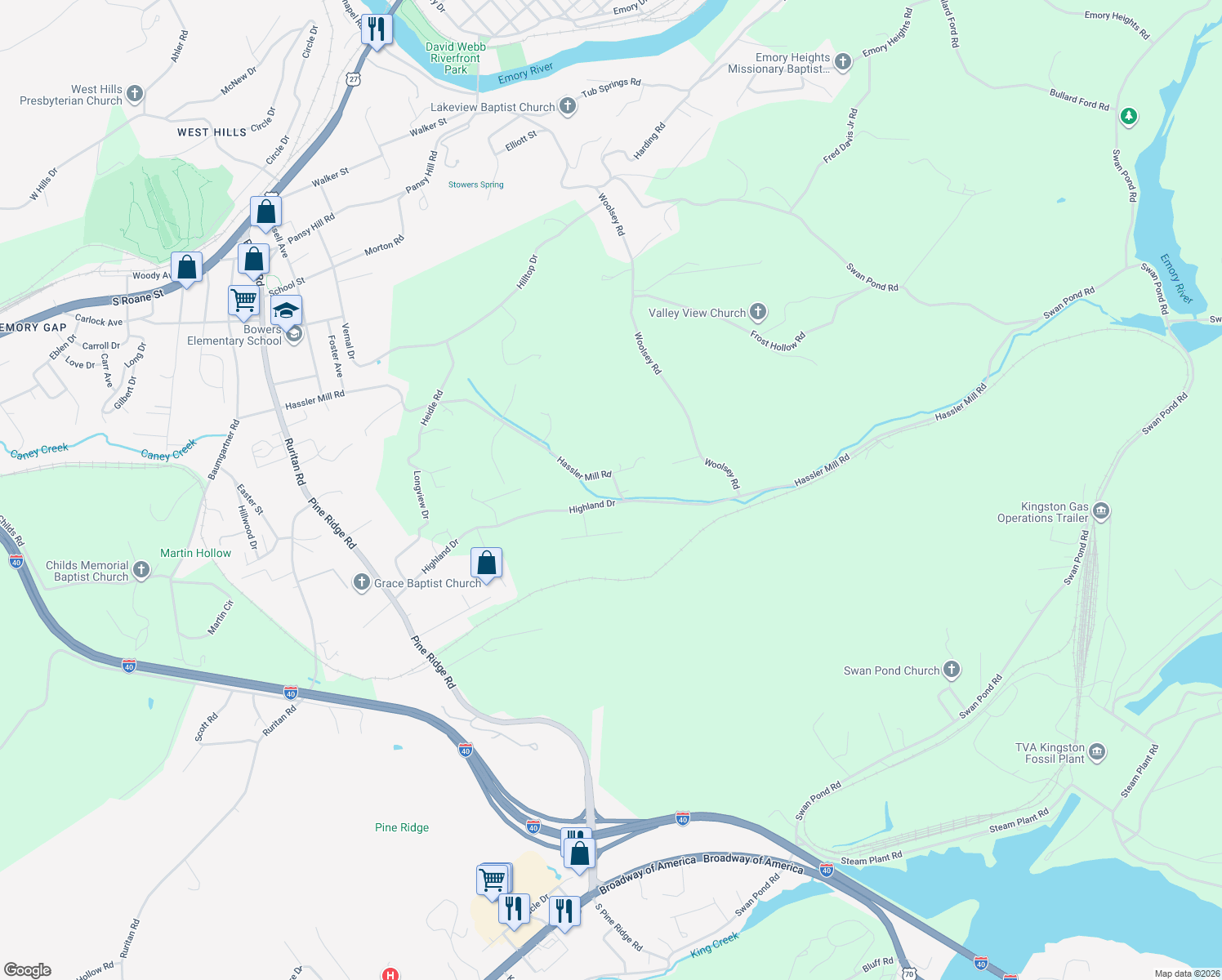 map of restaurants, bars, coffee shops, grocery stores, and more near 812 Hassler Mill Road in Harriman