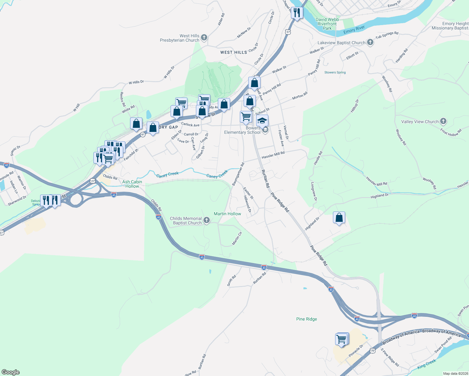 map of restaurants, bars, coffee shops, grocery stores, and more near 415 Baumgartner Rd in Harriman