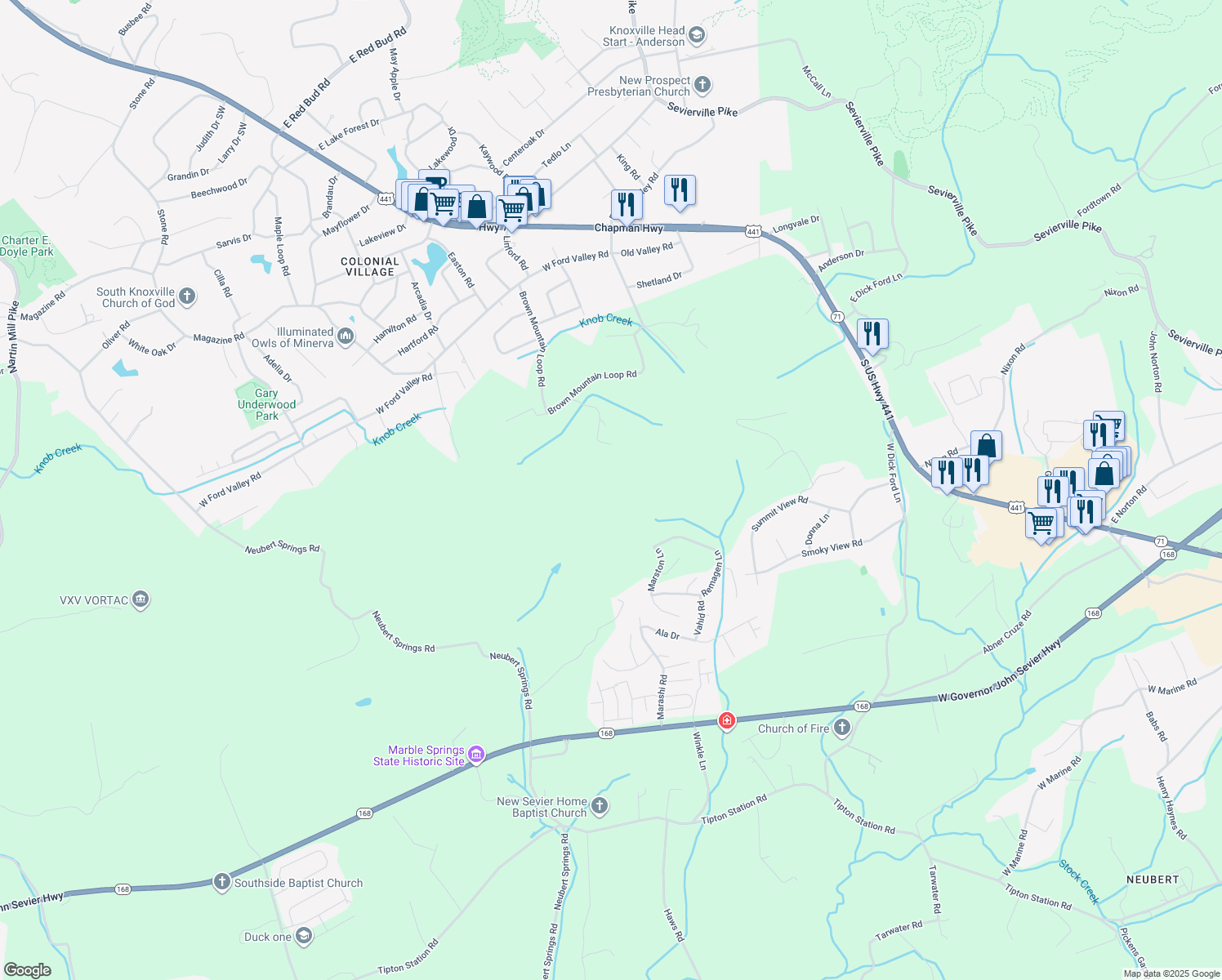 map of restaurants, bars, coffee shops, grocery stores, and more near in Knoxville