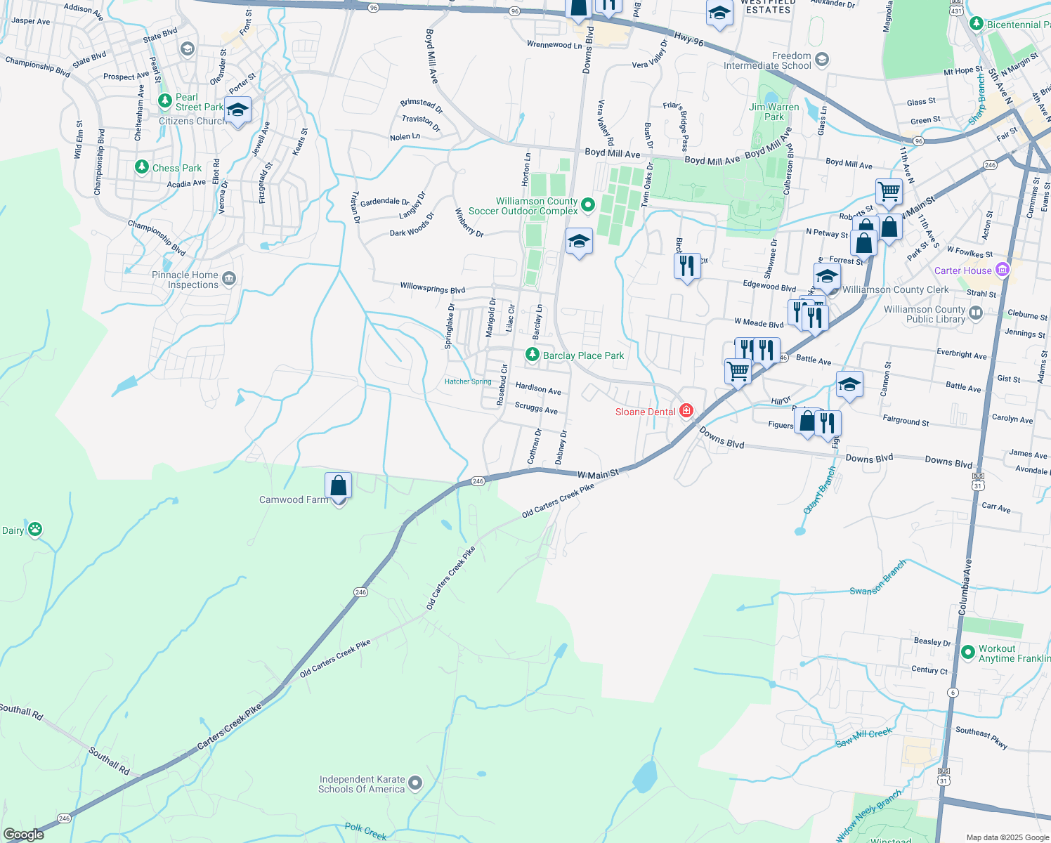 map of restaurants, bars, coffee shops, grocery stores, and more near 208 Davidson Drive in Franklin