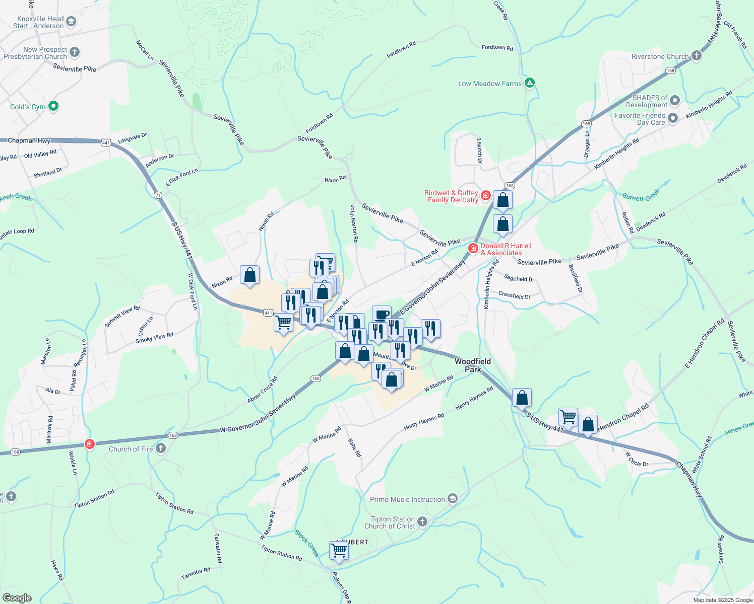 map of restaurants, bars, coffee shops, grocery stores, and more near 228 South Ridge Road in Knoxville