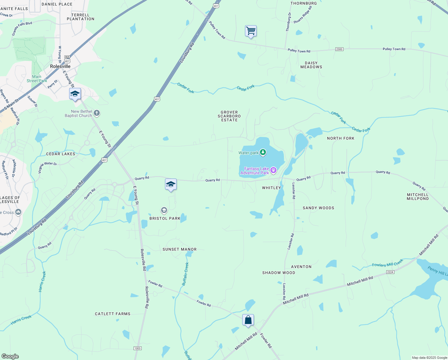 map of restaurants, bars, coffee shops, grocery stores, and more near 3340 Quarry Road in Wake Forest
