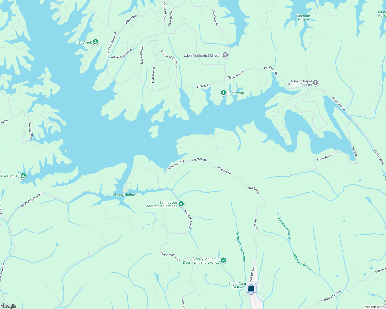 map of restaurants, bars, coffee shops, grocery stores, and more near 2410 Waterfront Way in Sevierville