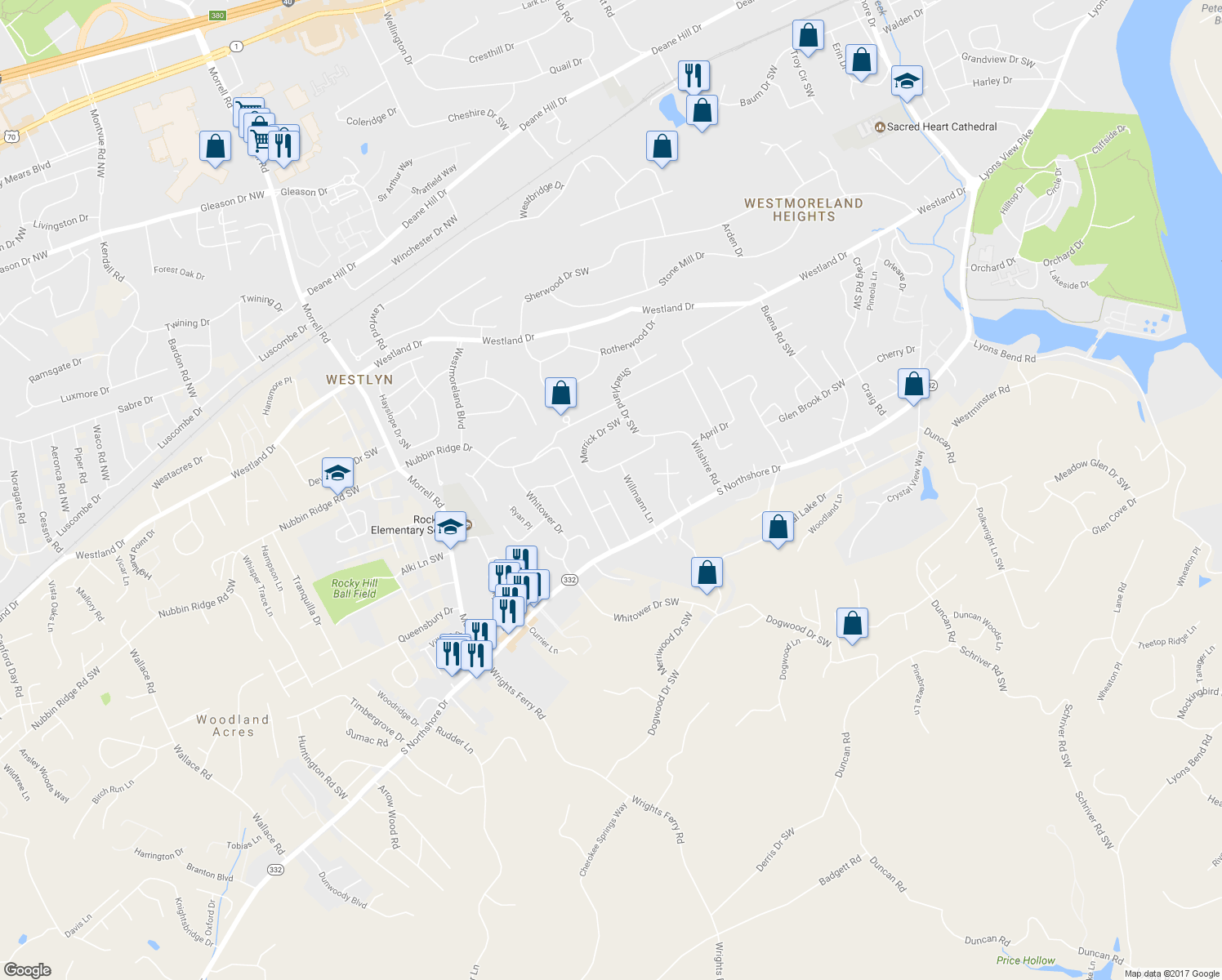 map of restaurants, bars, coffee shops, grocery stores, and more near 1216 Bradford Lane in Knoxville