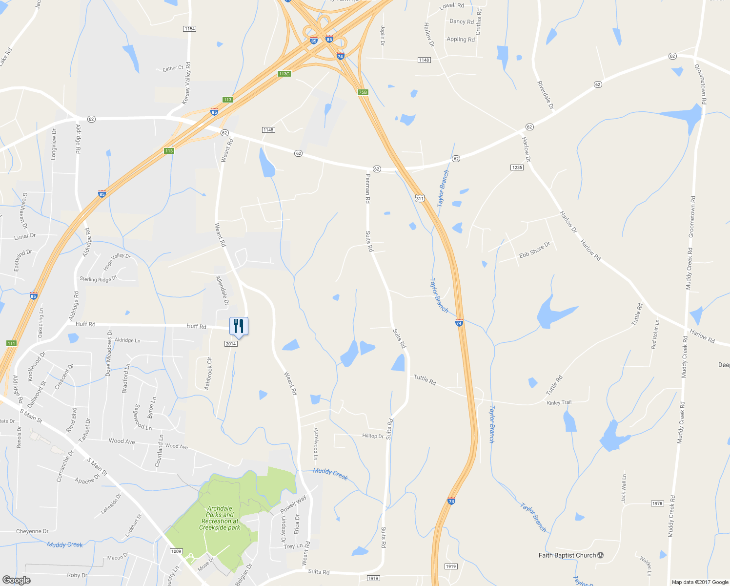 map of restaurants, bars, coffee shops, grocery stores, and more near 7039 Suits Road in Archdale